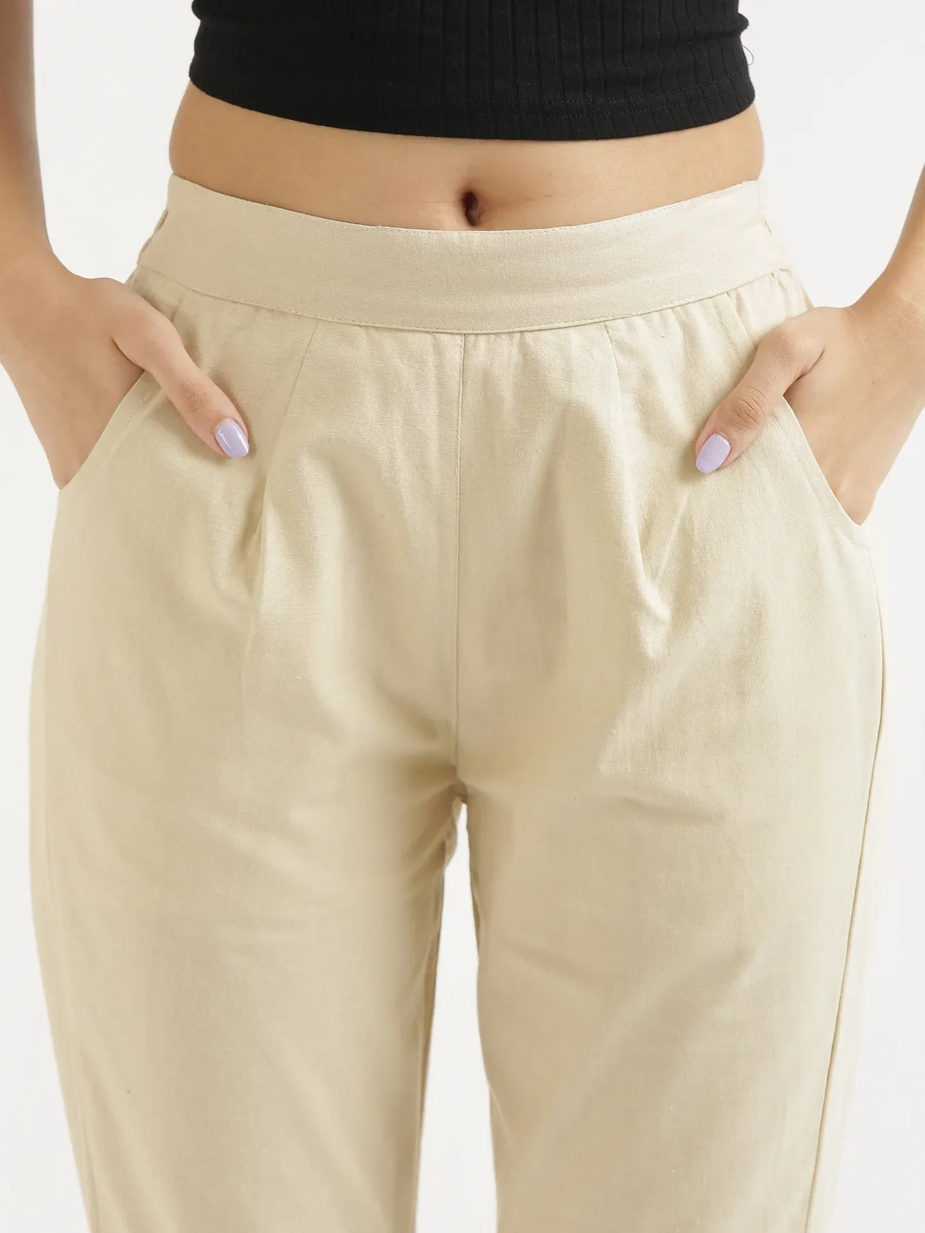 Women Beige Cotton Pant - Image 5