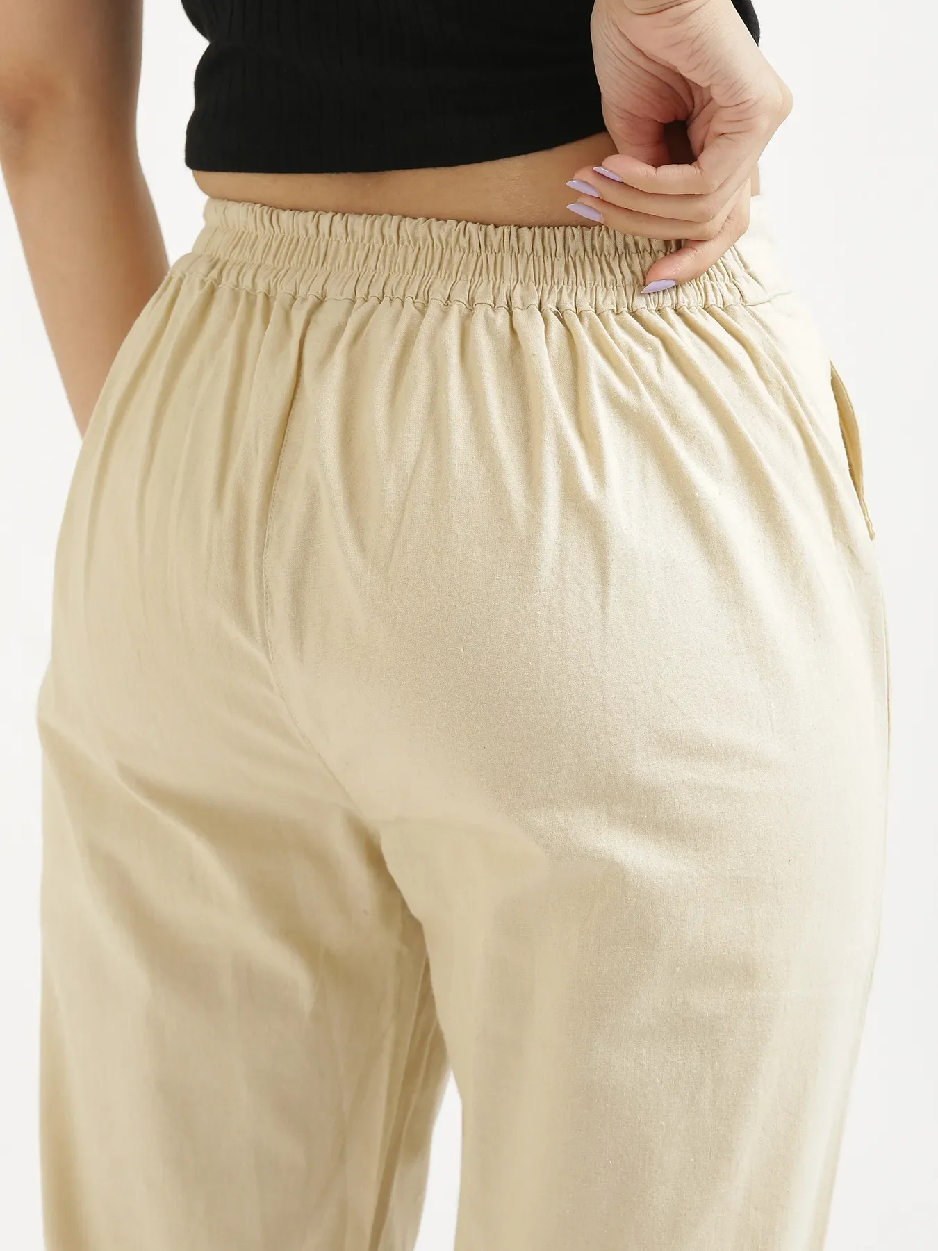 Women Beige Cotton Pant - Image 6