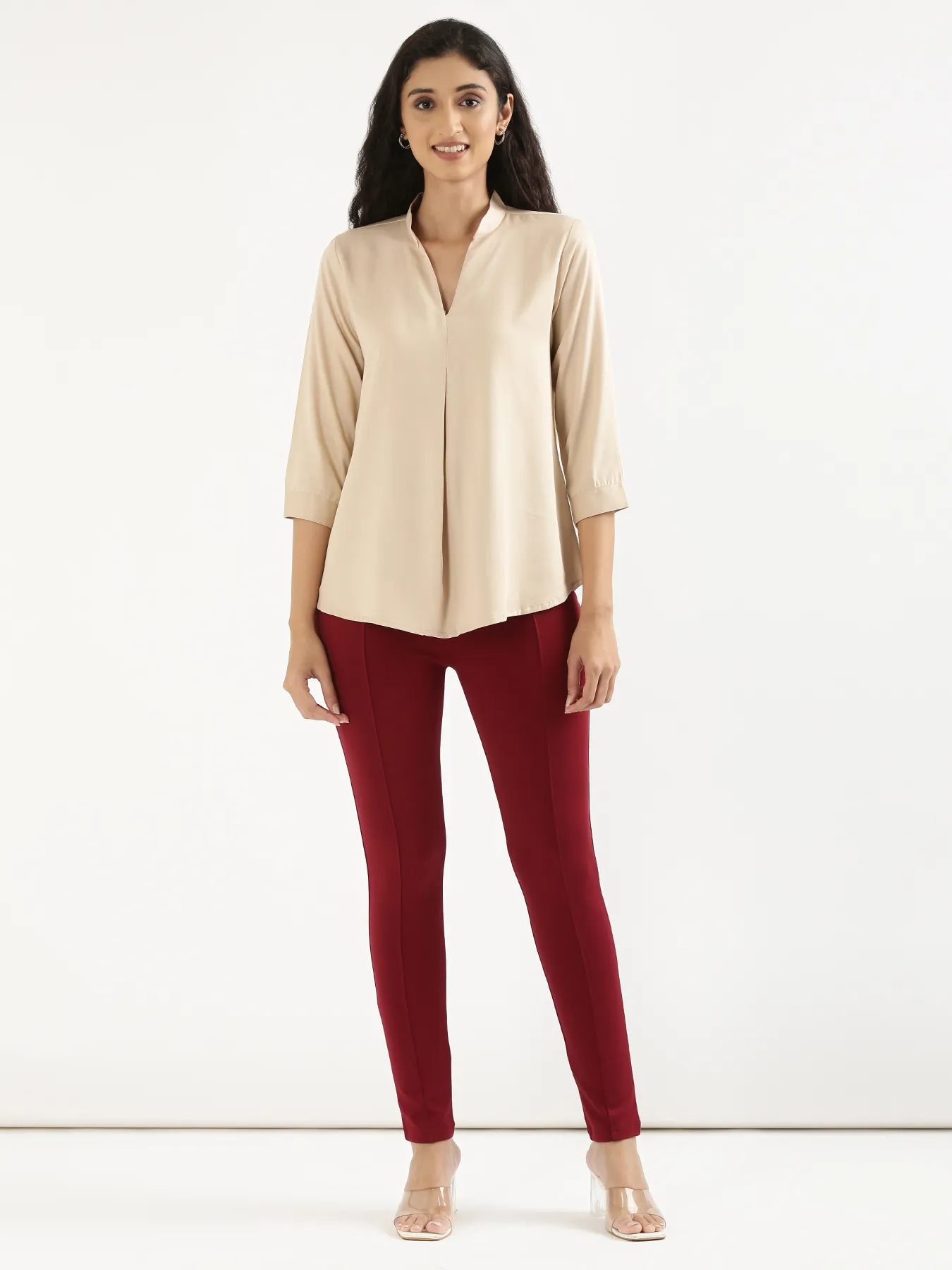 Women Beige Viscose Pleated Top - Image 3