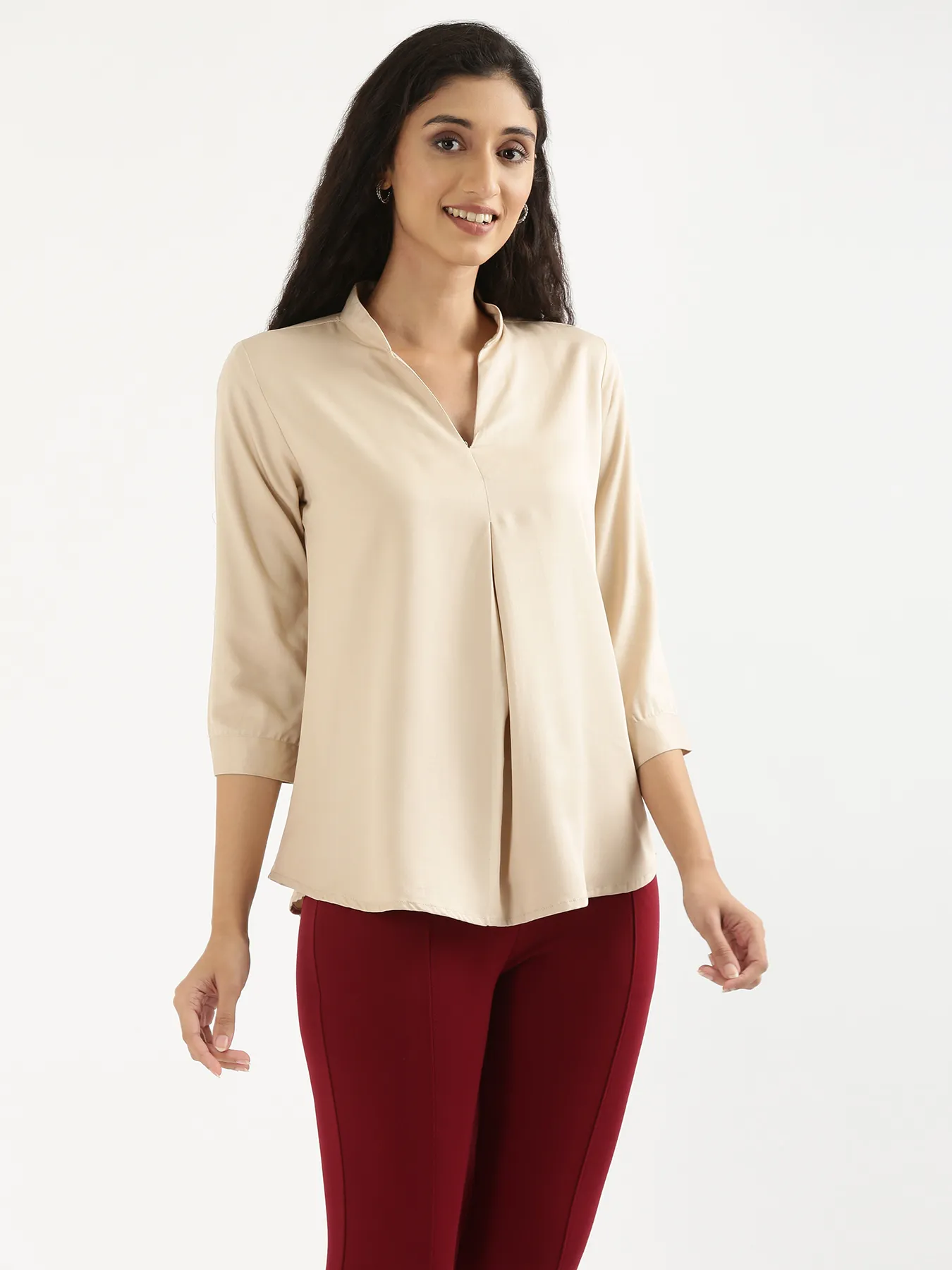 Women Beige Viscose Pleated Top - Image 4