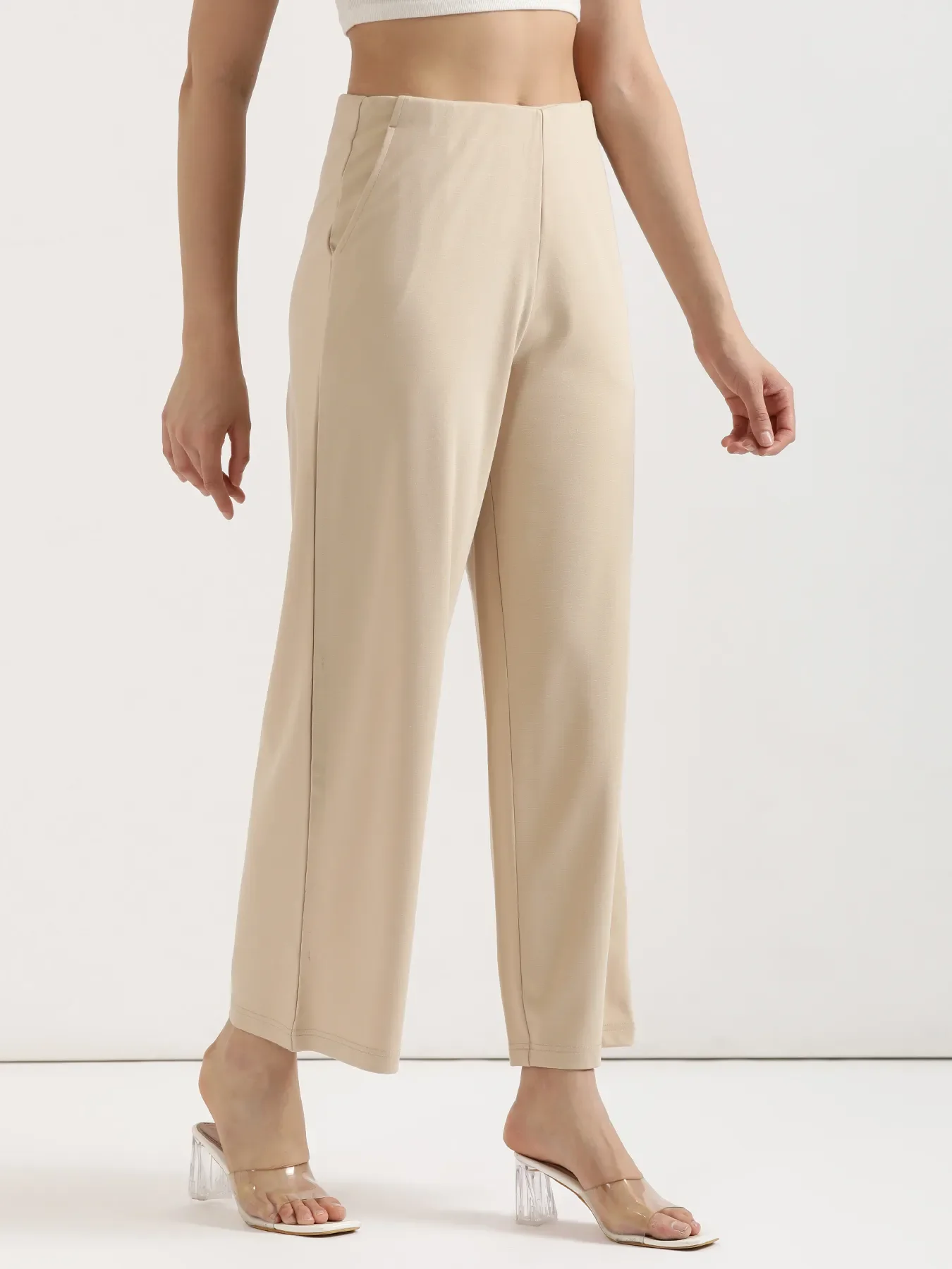 Women Beige Wide Leg Pants - Image 3