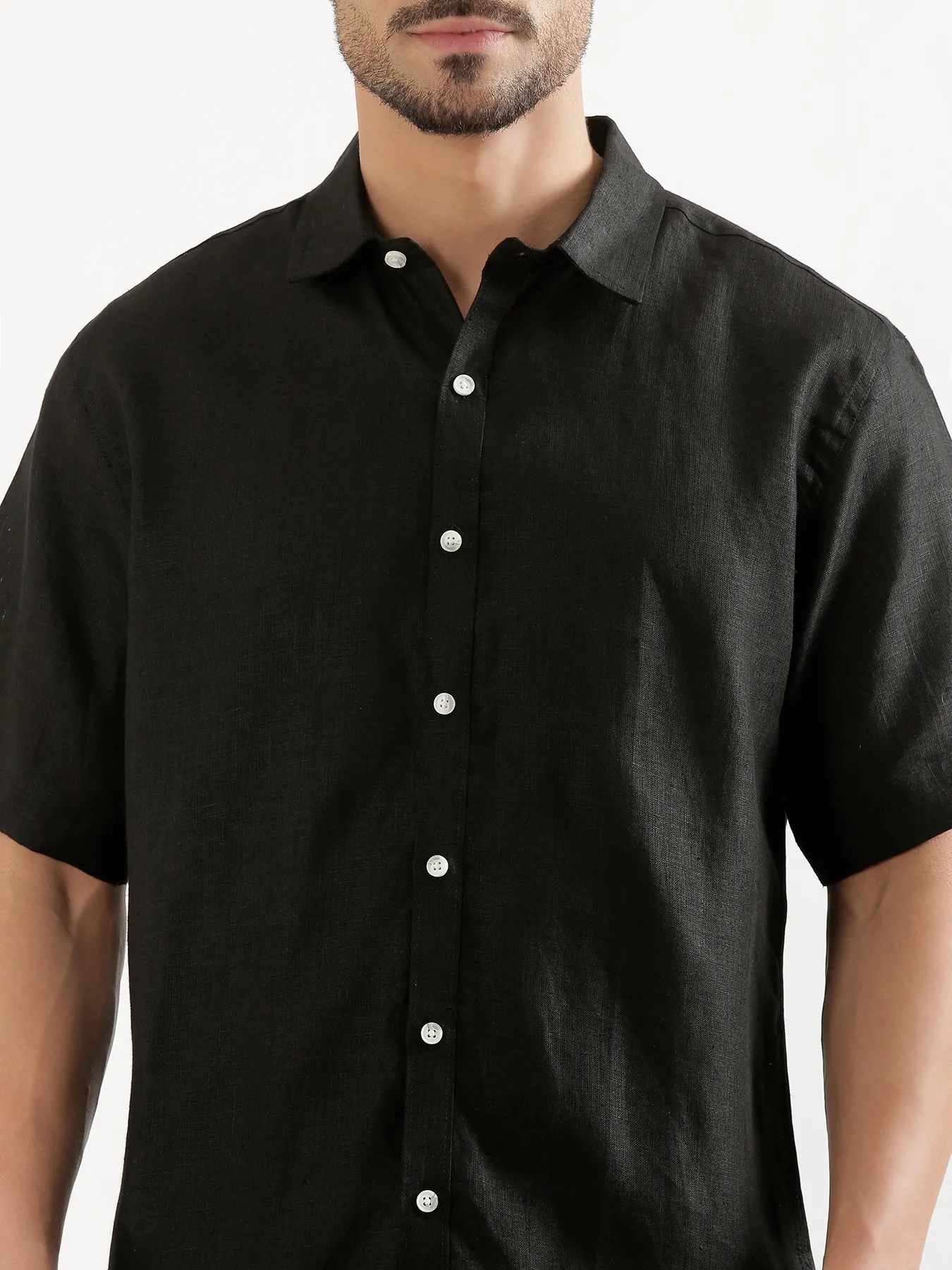 Men Black 100% Linen Half Sleeve Shirt - Image 5