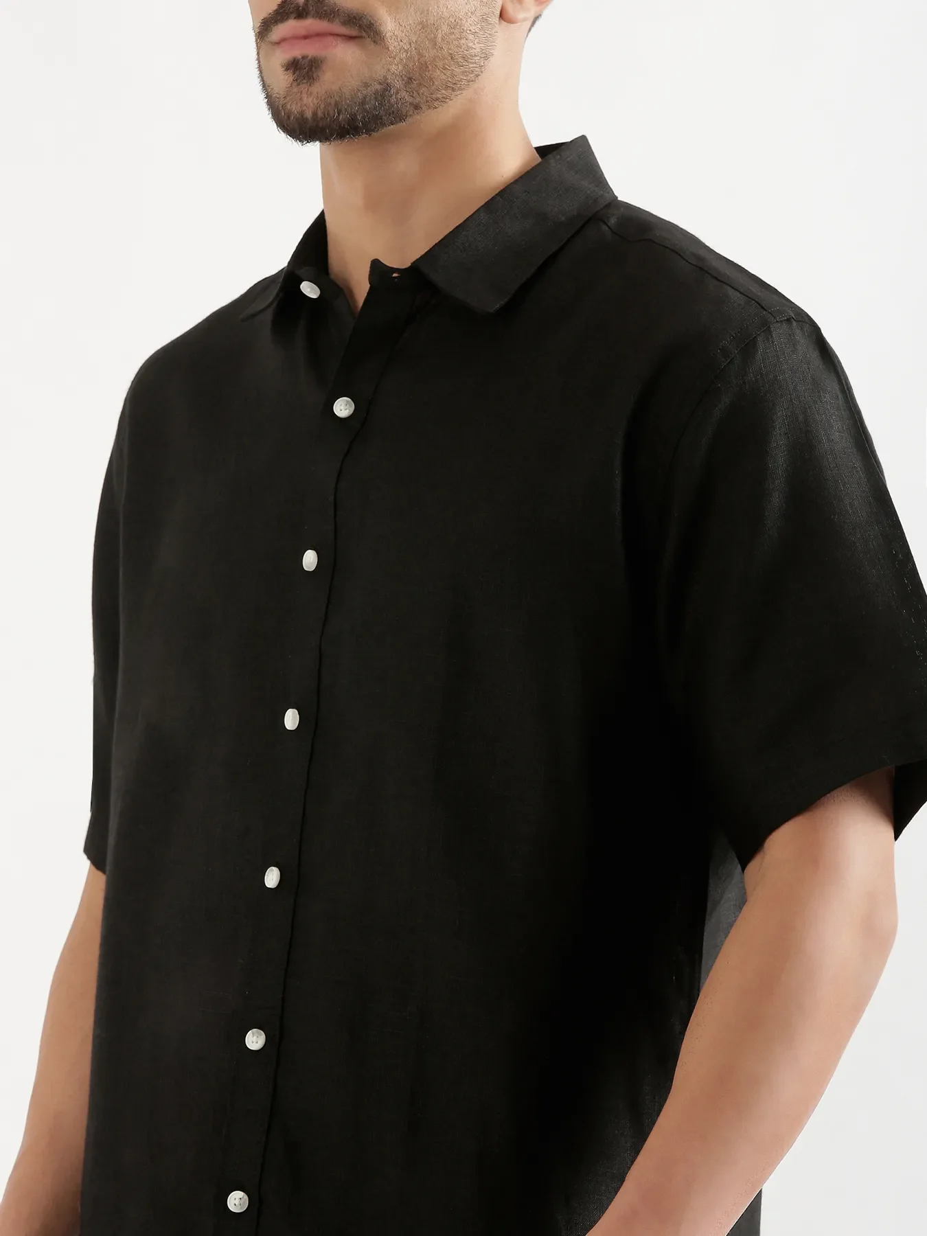 Men Black 100% Linen Half Sleeve Shirt - Image 6