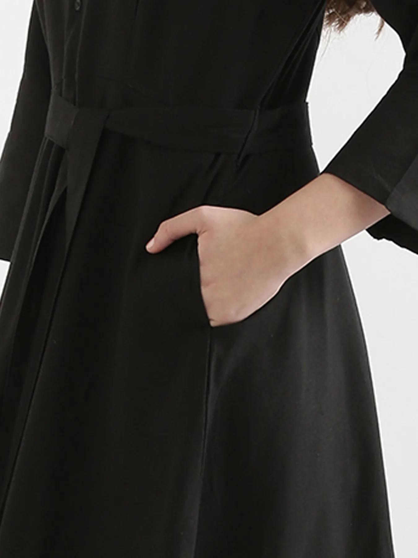 Women Black Airy Linen Flared Dress - Image 13