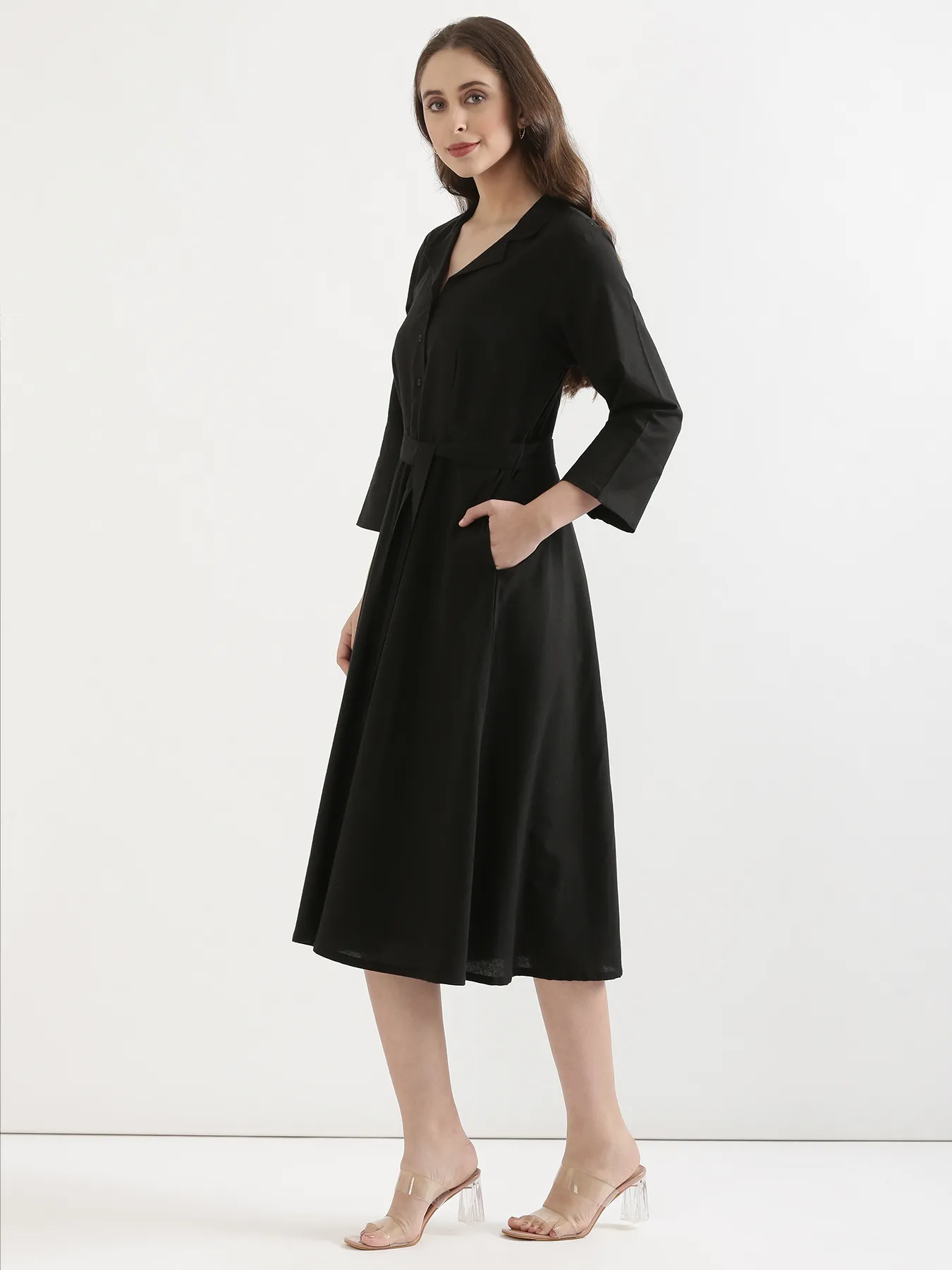 Women Black Airy Linen Flared Dress - Image 3