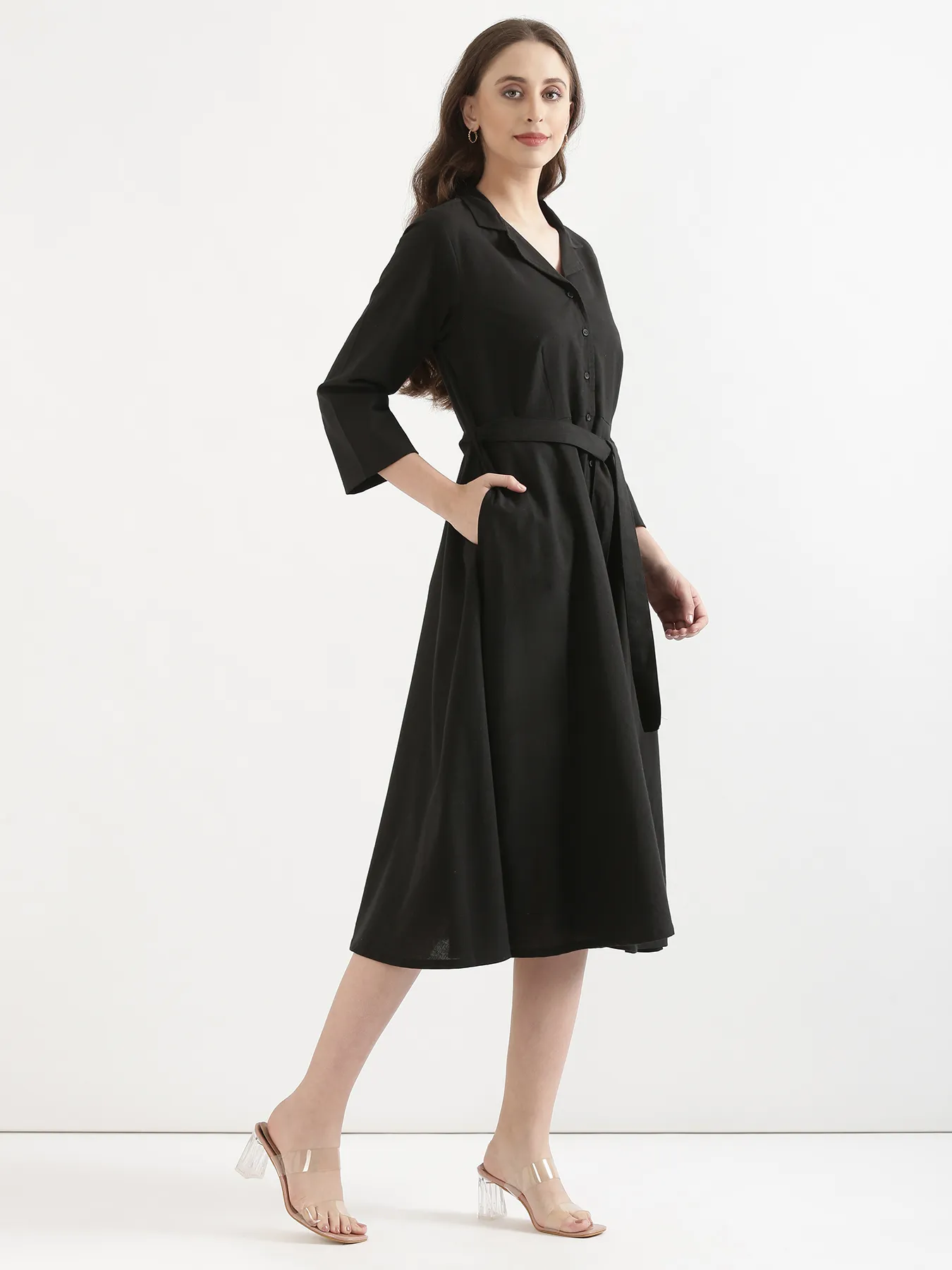 Women Black Airy Linen Flared Dress - Image 4
