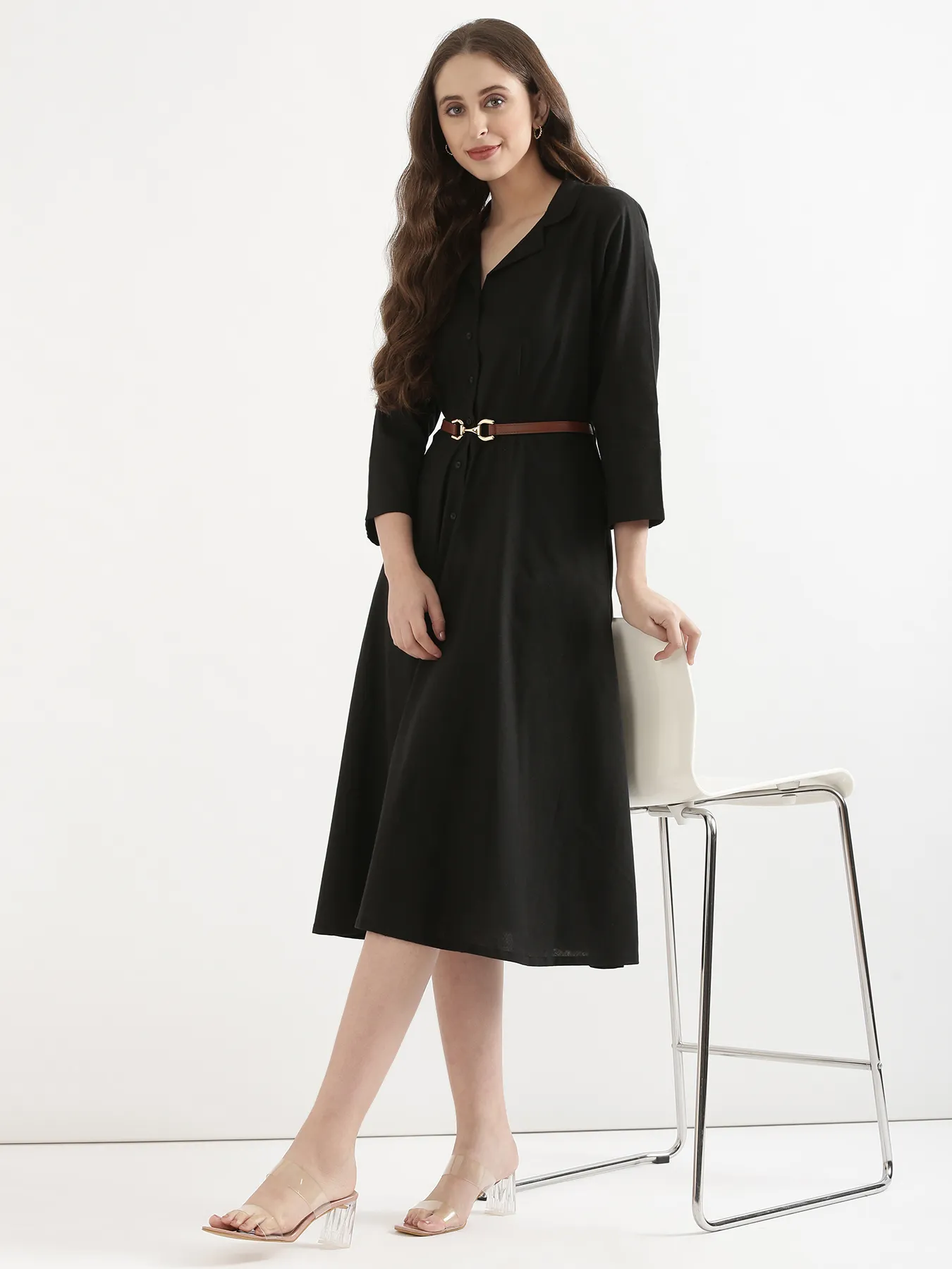 Women Black Airy Linen Flared Dress - Image 5