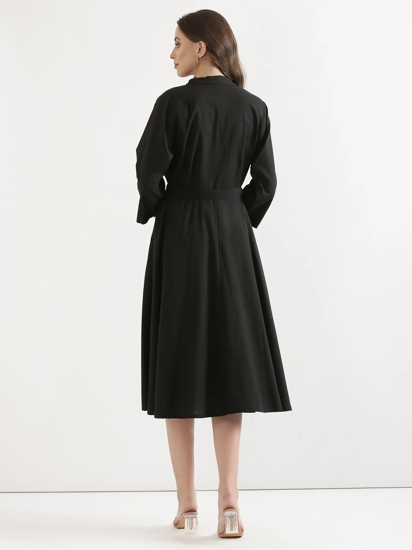Women Black Airy Linen Flared Dress - Image 6