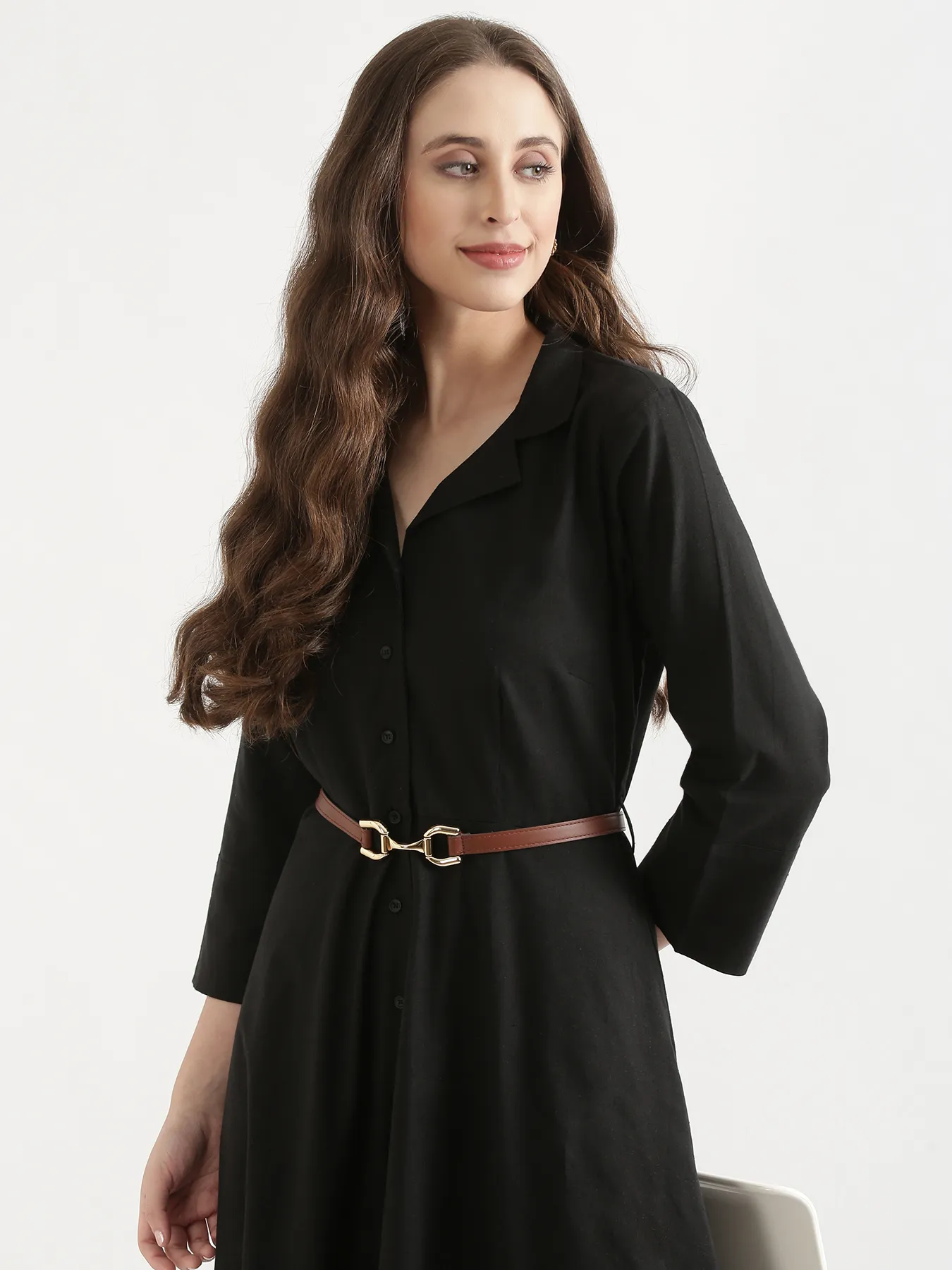 Women Black Airy Linen Flared Dress - Image 7
