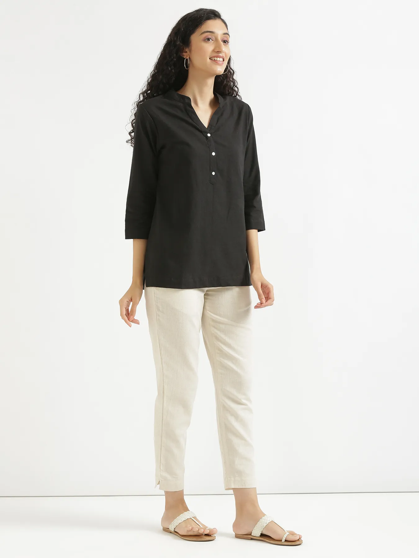 Women Black Airy Linen Short Kurta - Image 6