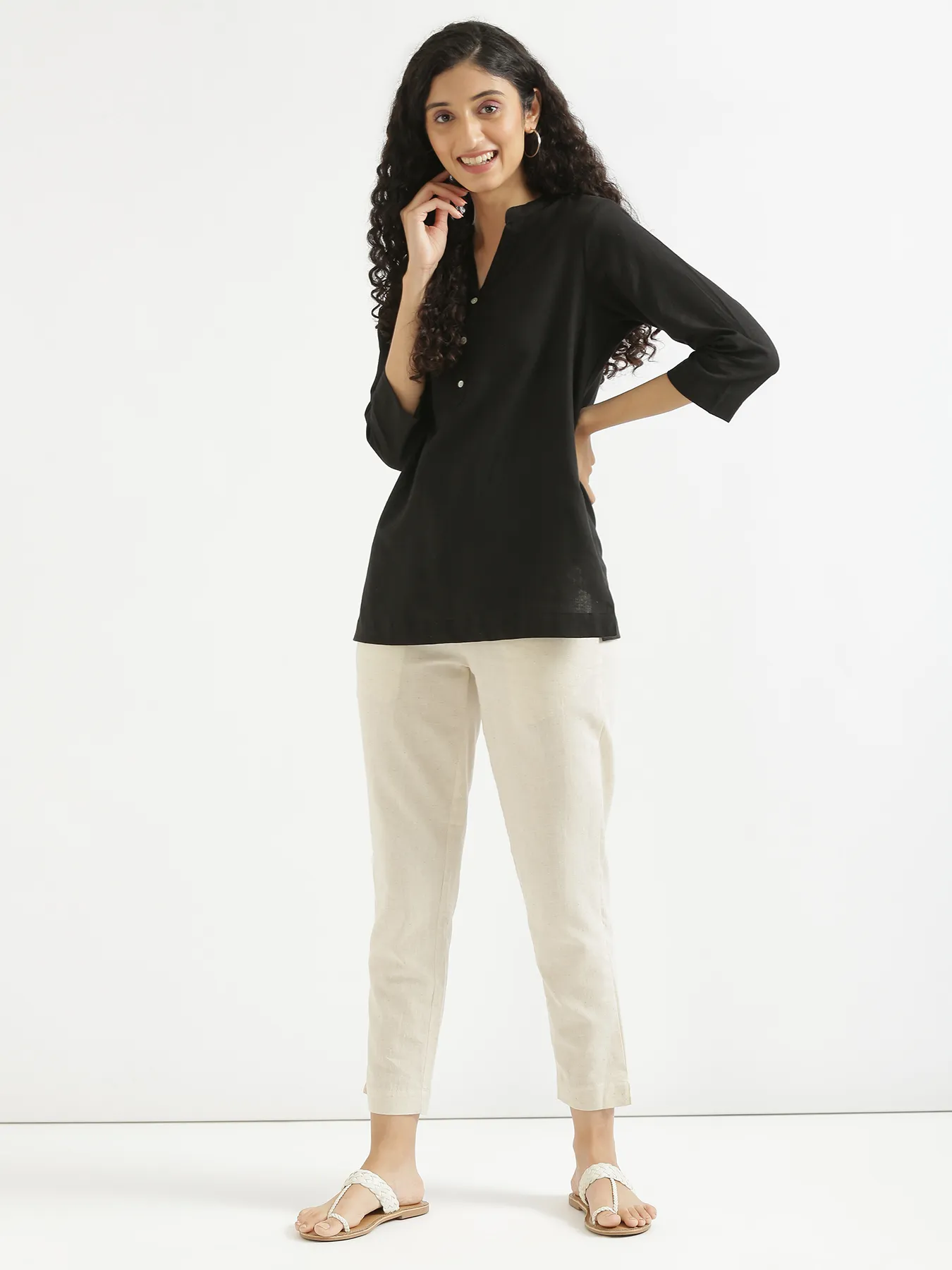 Women Black Airy Linen Short Kurta - Image 9
