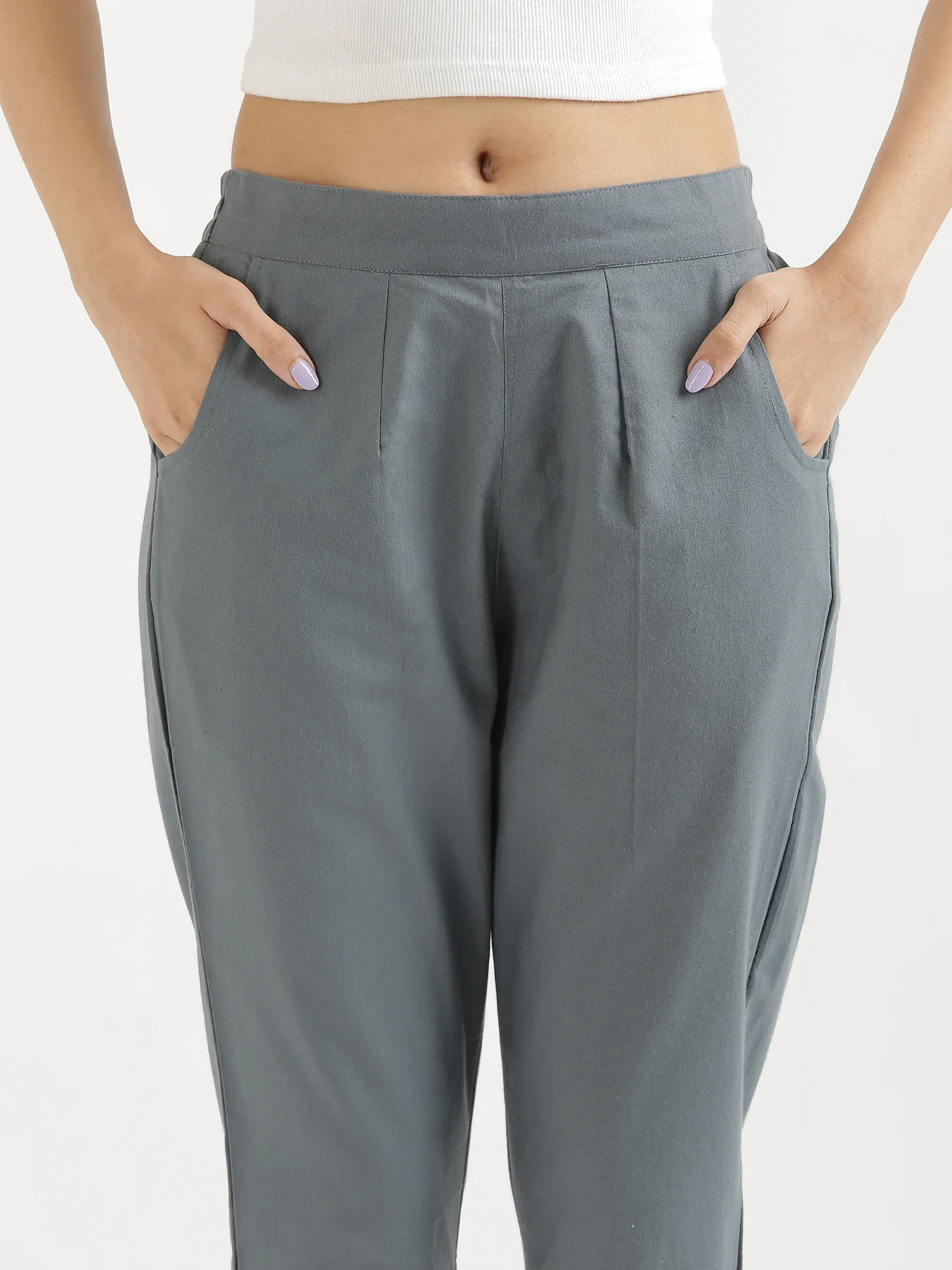 Women Black & Cement Grey Cotton Pant - Image 14