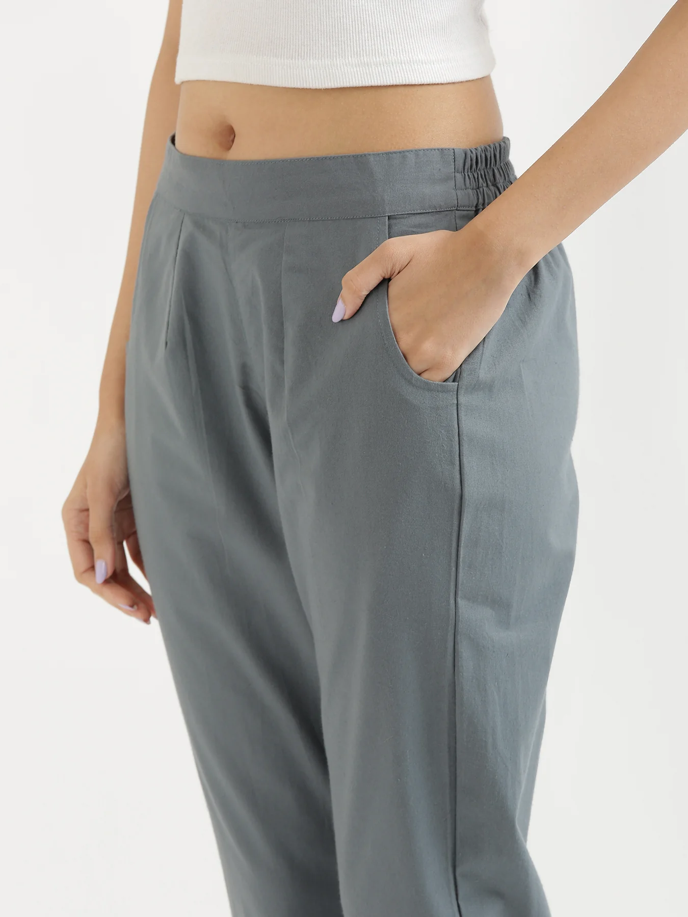 Women Black & Cement Grey Cotton Pant - Image 16