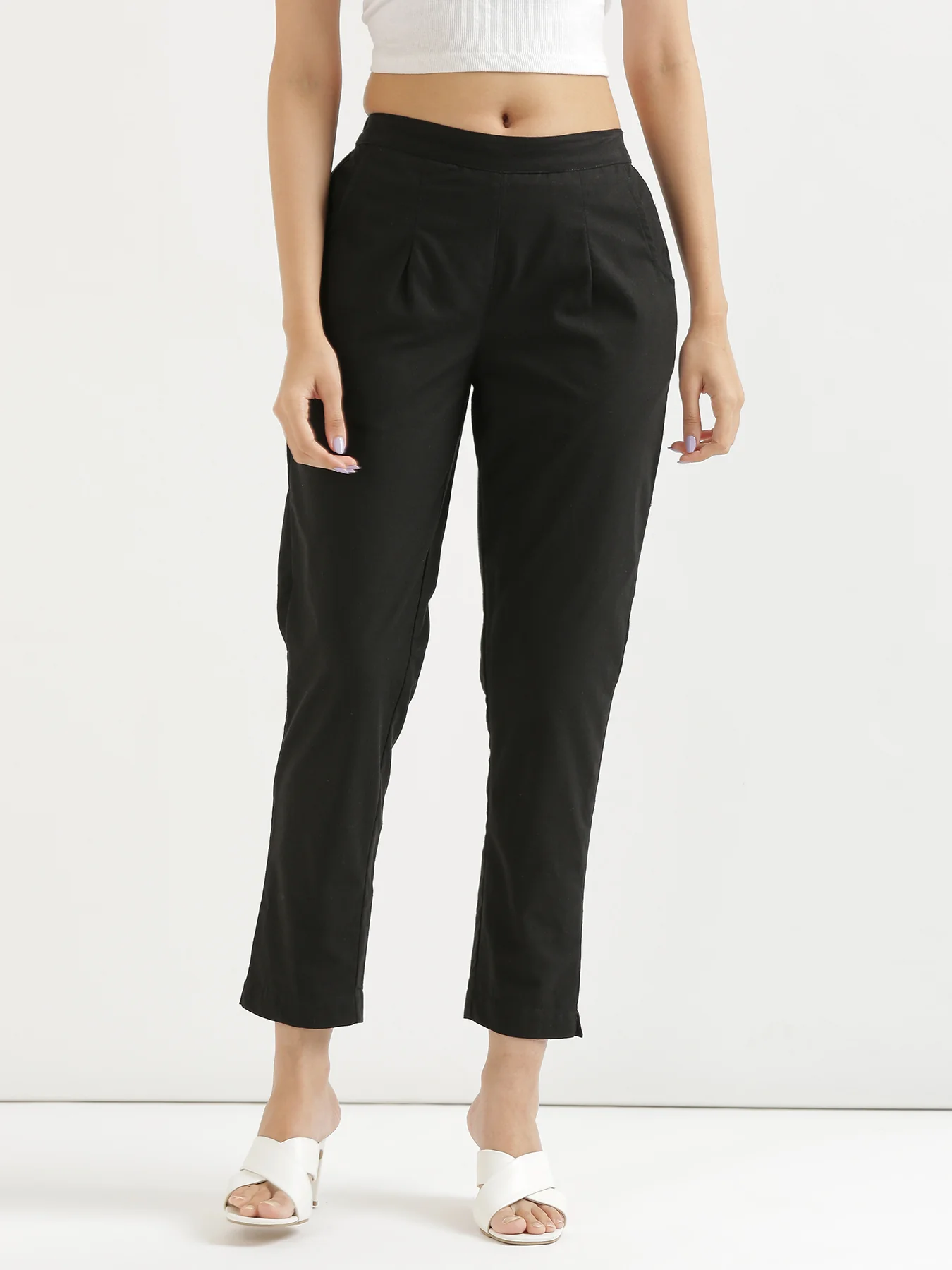 Women Black & White Cotton Pant - Image 3