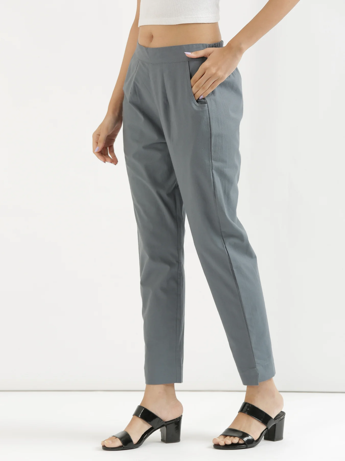 Women Black & Cement Grey Cotton Pant - Image 4
