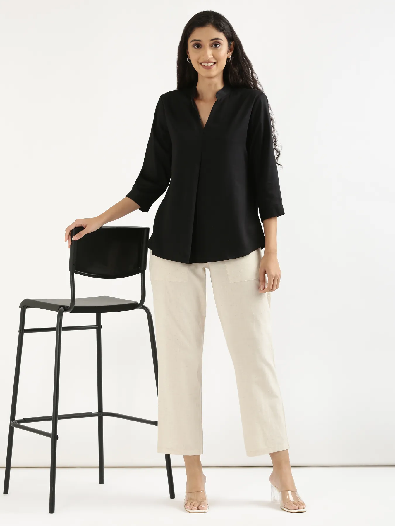 Women Black Viscose Pleated Top - Image 10