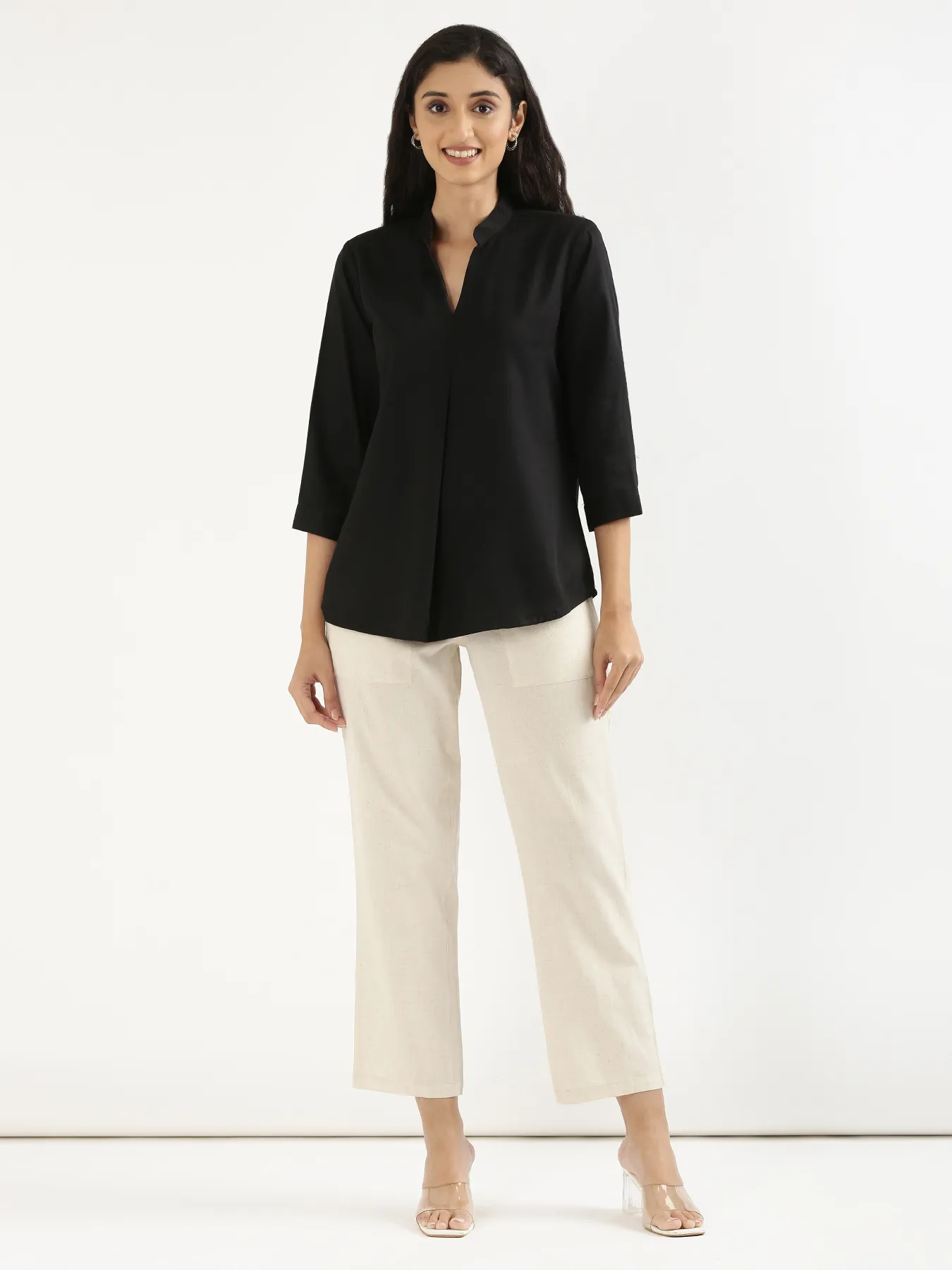 Women Black Viscose Pleated Top - Image 3