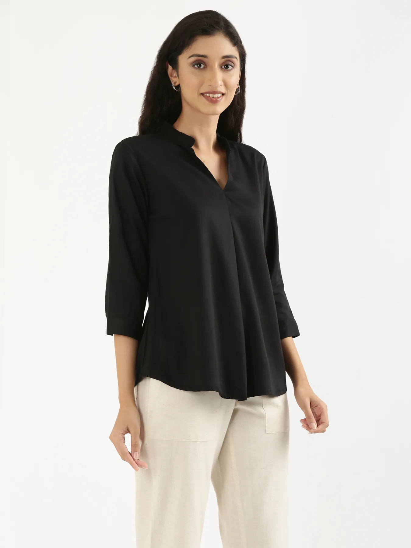 Women Black Viscose Pleated Top - Image 4