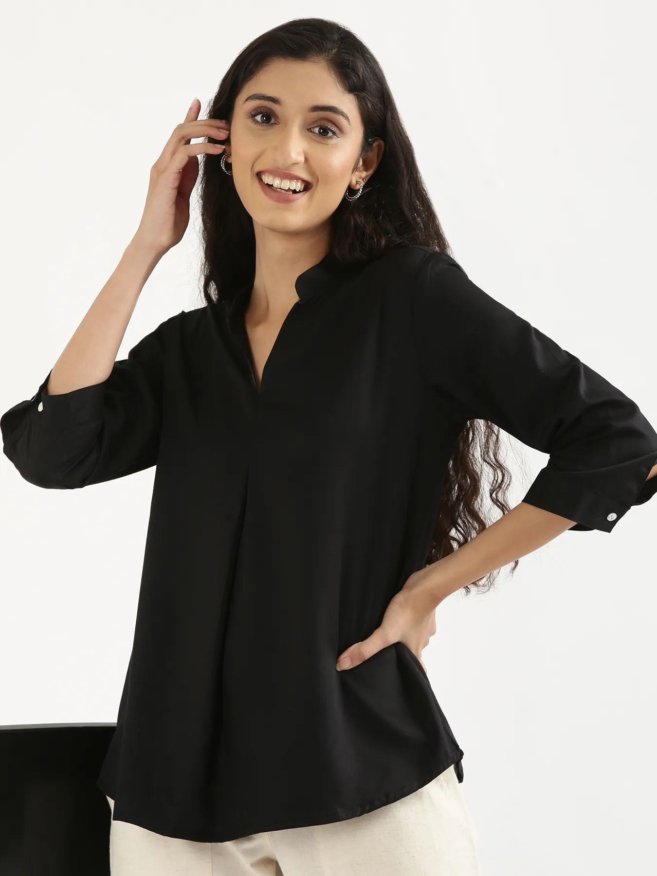 Women Black Viscose Pleated Top - Image 9