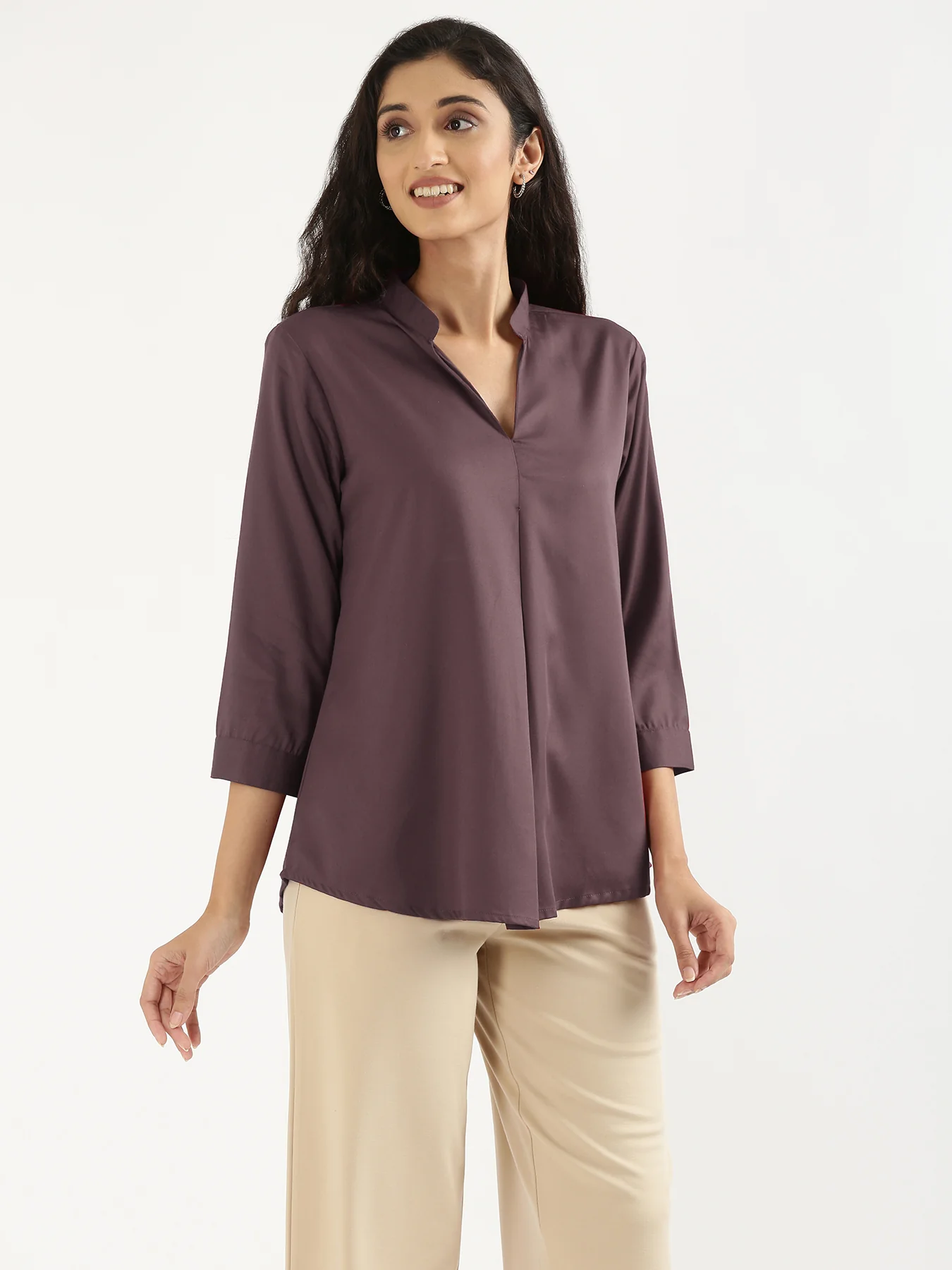 Women Brinjal Viscose Pleated Top - Image 3