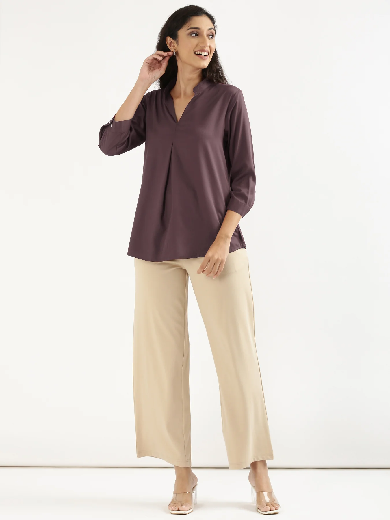 Women Brinjal Viscose Pleated Top - Image 6