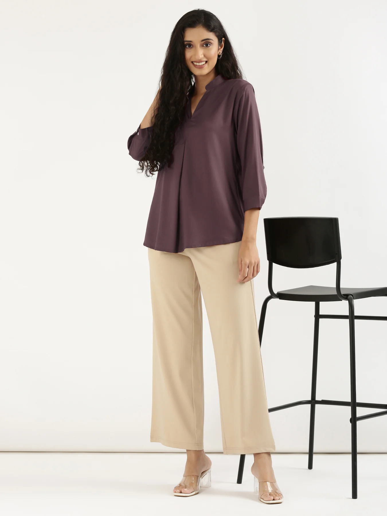 Women Brinjal Viscose Pleated Top - Image 8