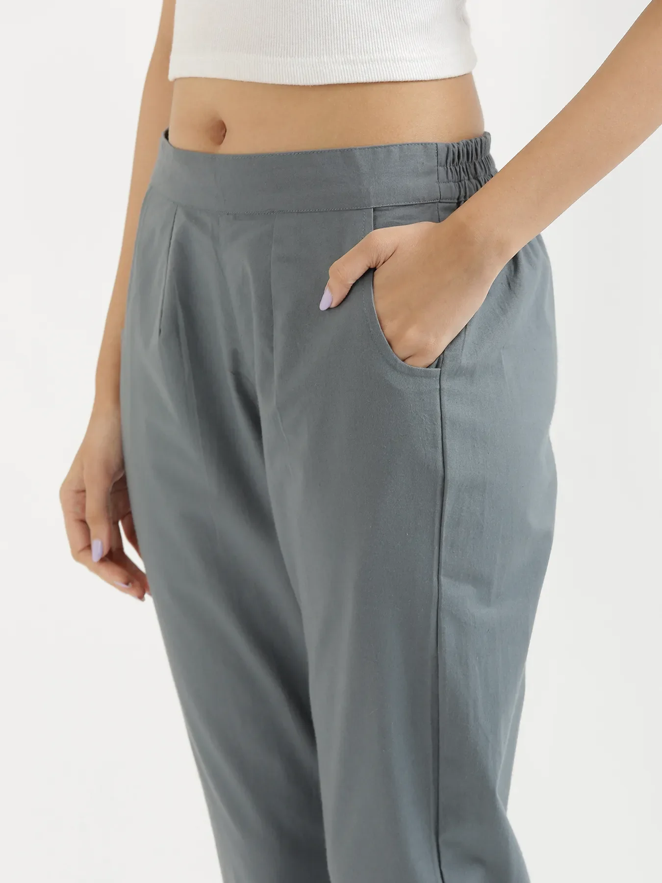 Women Cement Grey Cotton Pant - Image 5