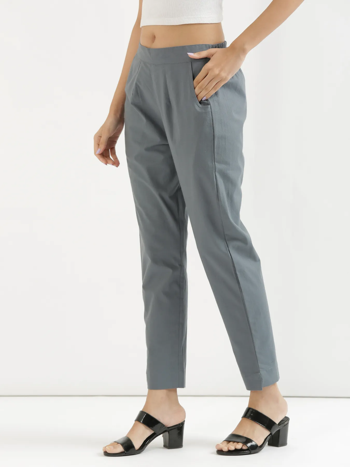 Women Cement Grey Cotton Pant - Image 8
