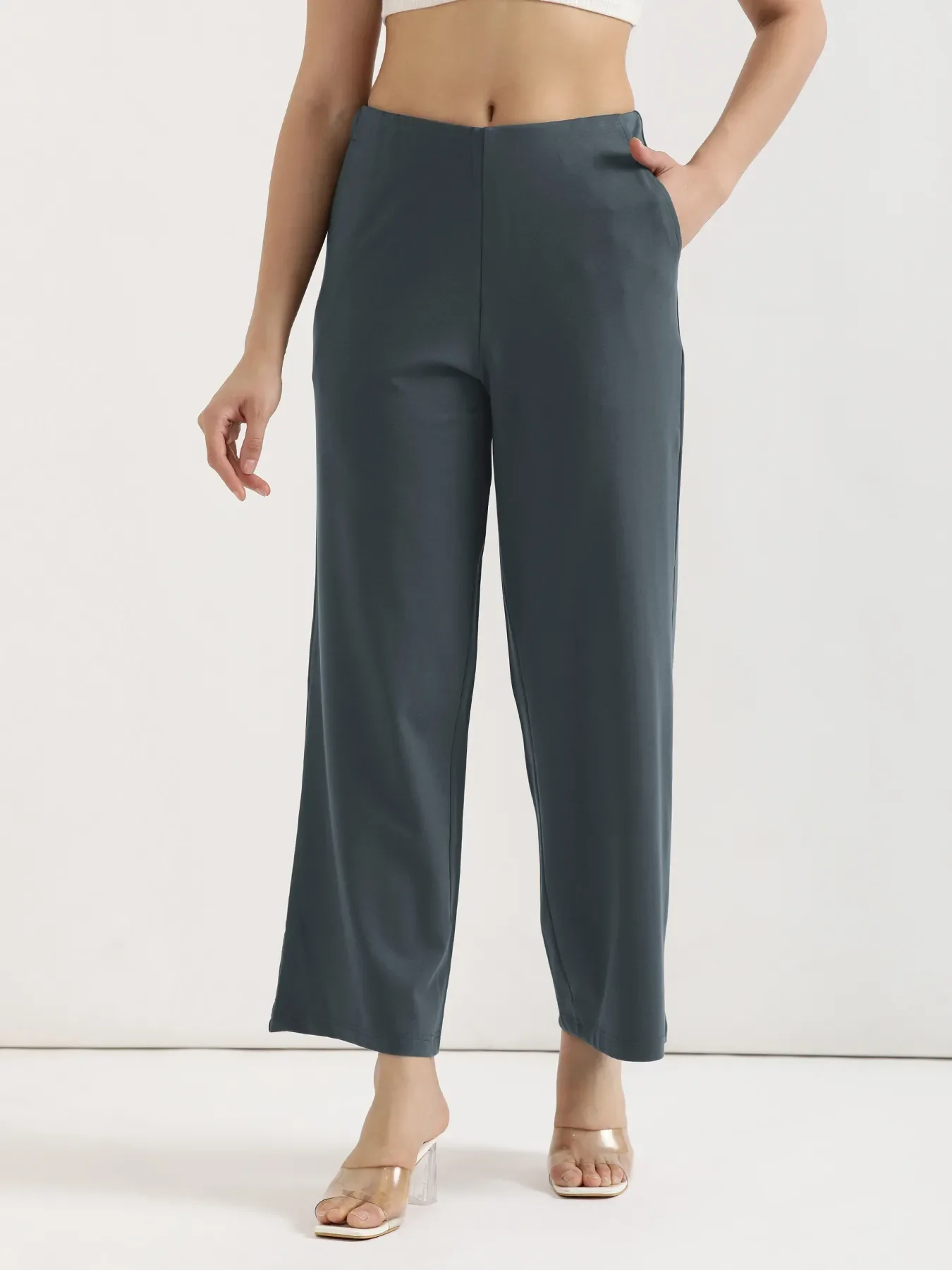 Women Cement Grey Wide Leg Pants - Image 10