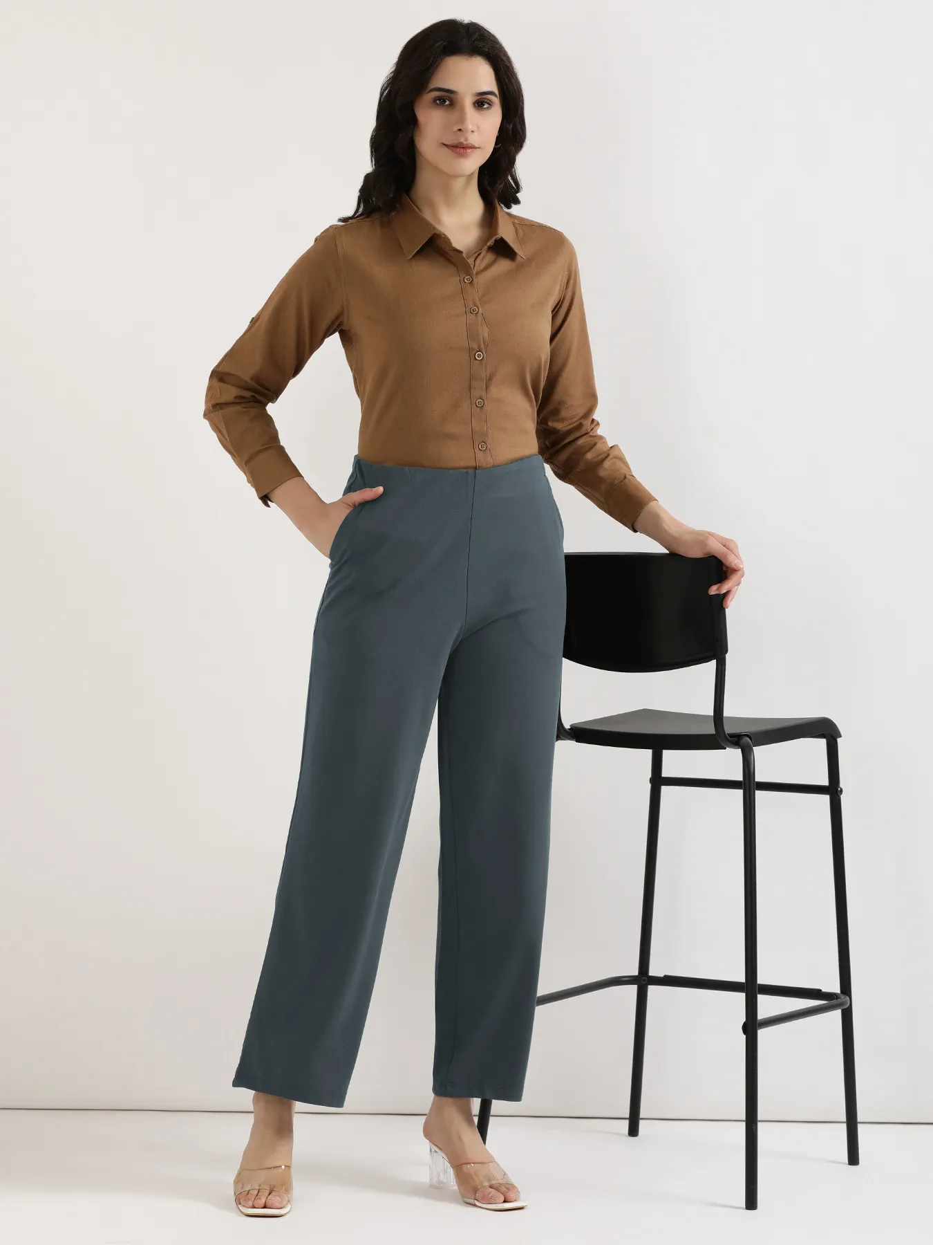 Women Cement Grey Wide Leg Pants - Image 12
