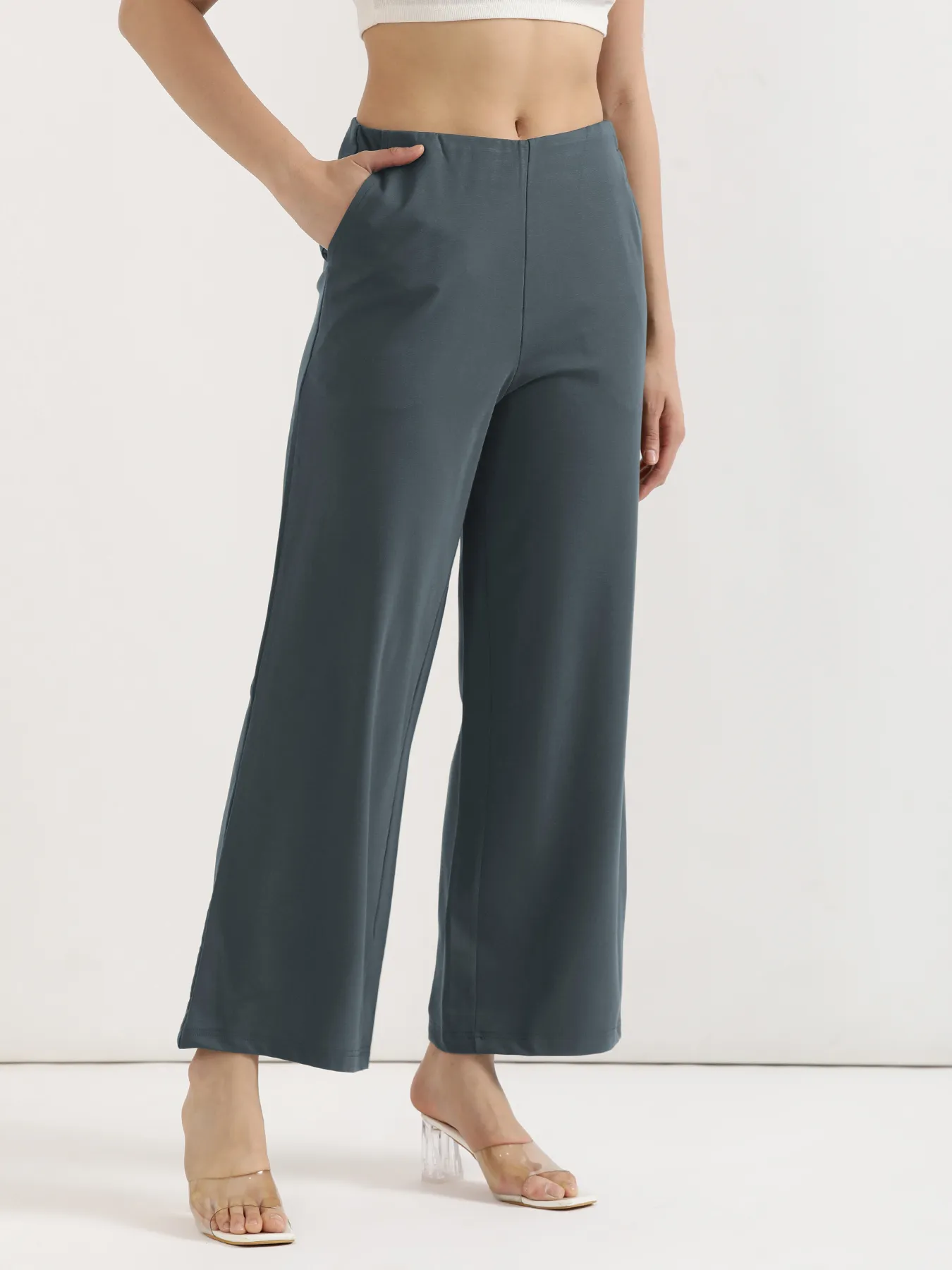 Women Cement Grey Wide Leg Pants - Image 3