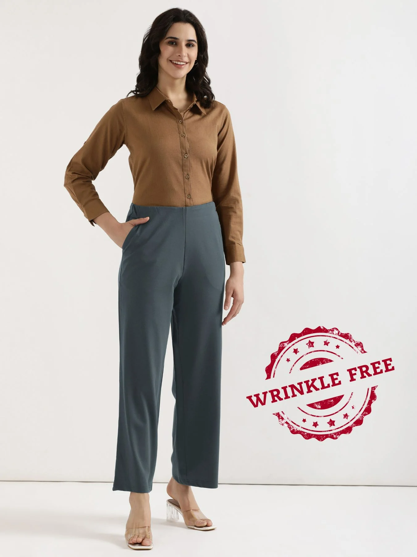 Women Cement Grey Wide Leg Pants - Image 4