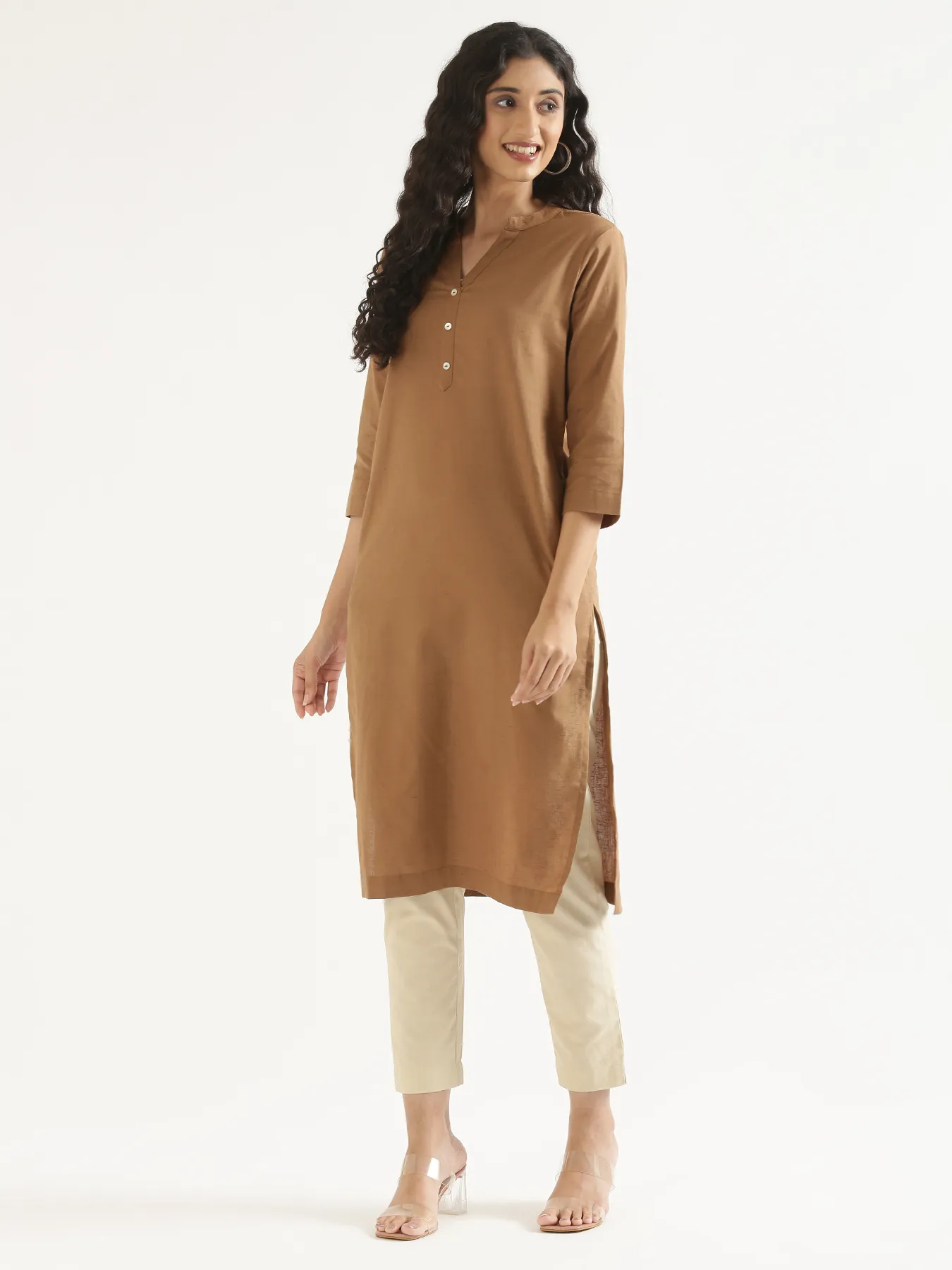 Women Coffee Brown Airy Linen Long Kurta - Image 11