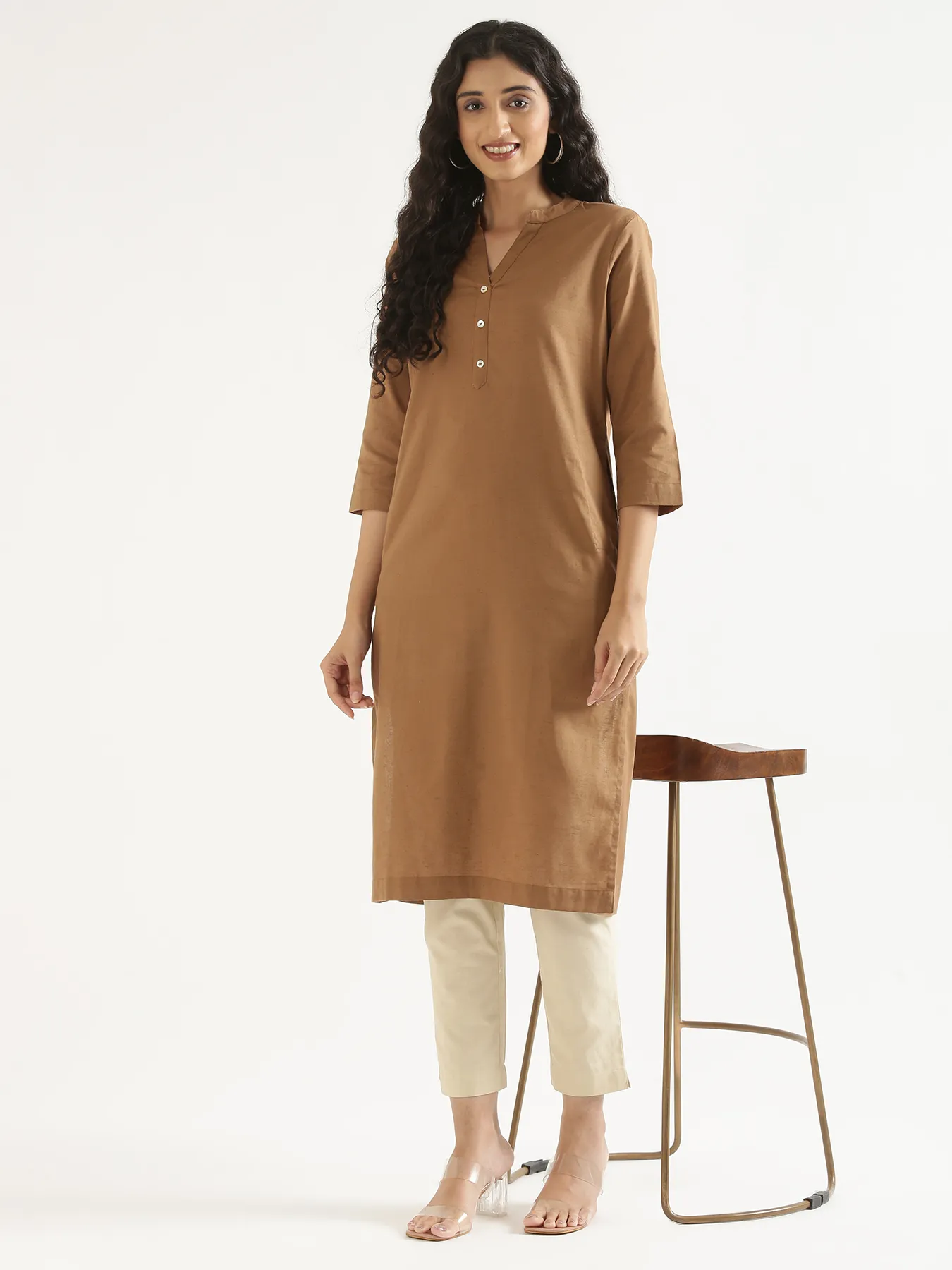 Women Coffee Brown Airy Linen Long Kurta - Image 12