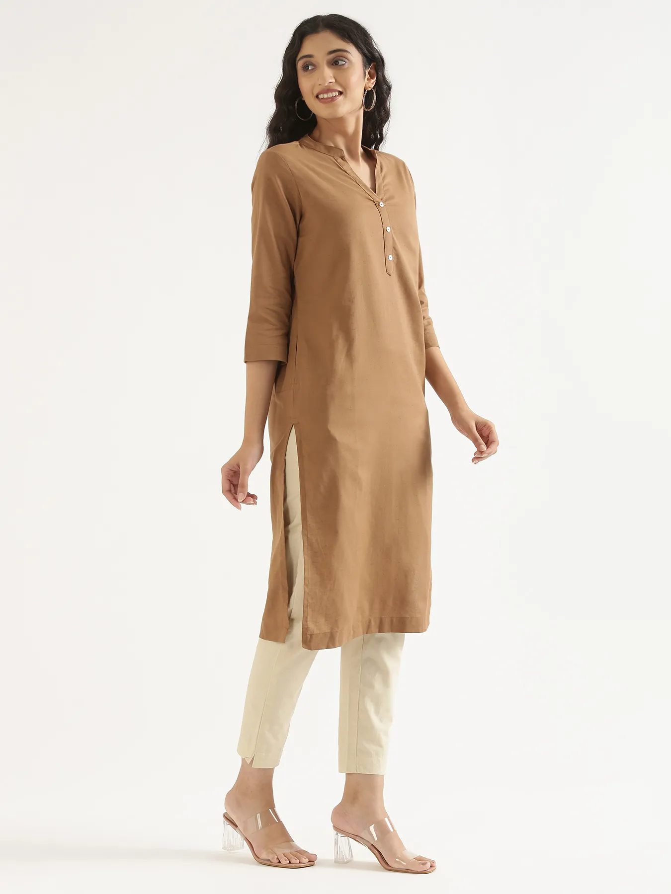 Women Coffee Brown Airy Linen Long Kurta - Image 9