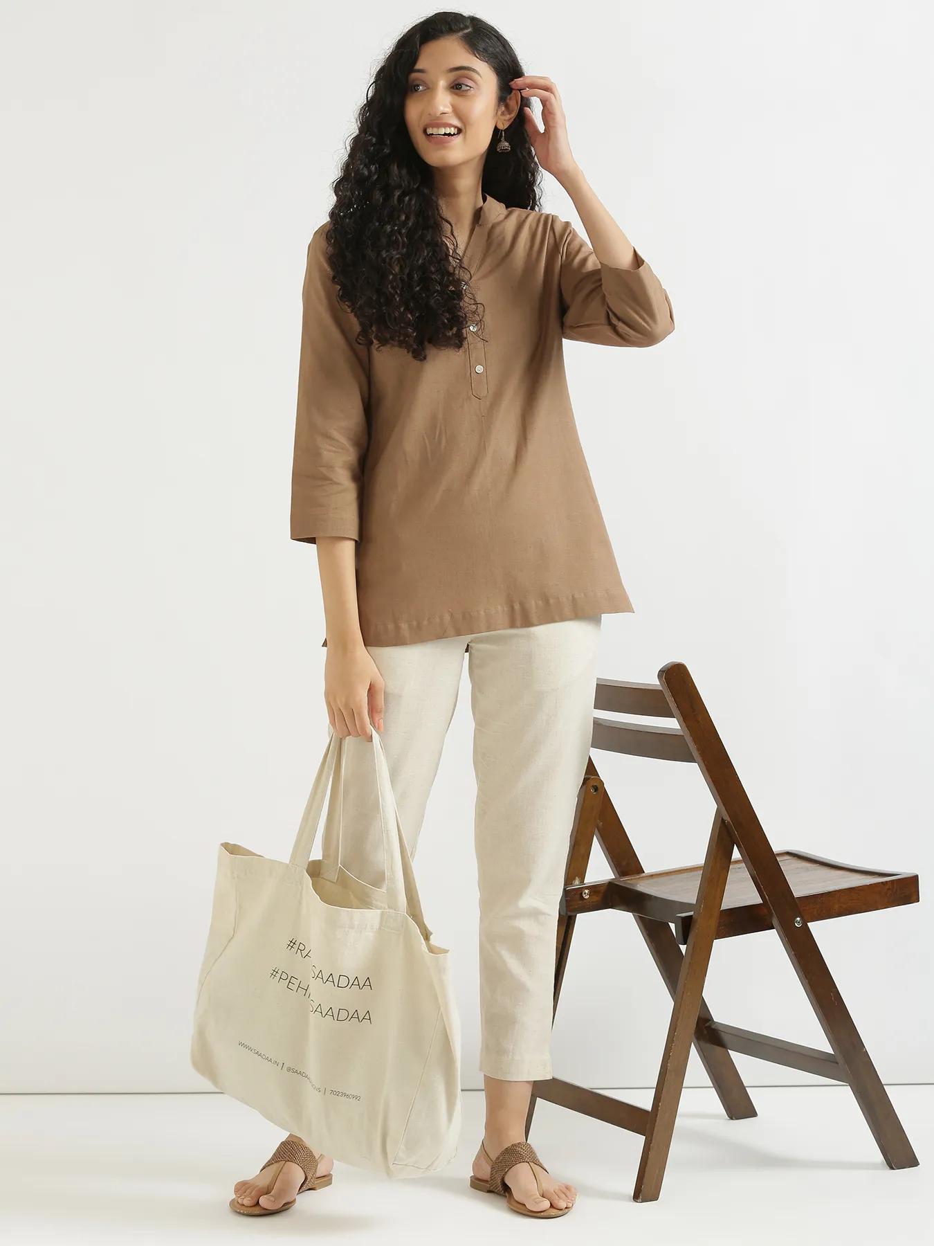 Women Coffee Brown Airy Linen Short Kurta - Image 10