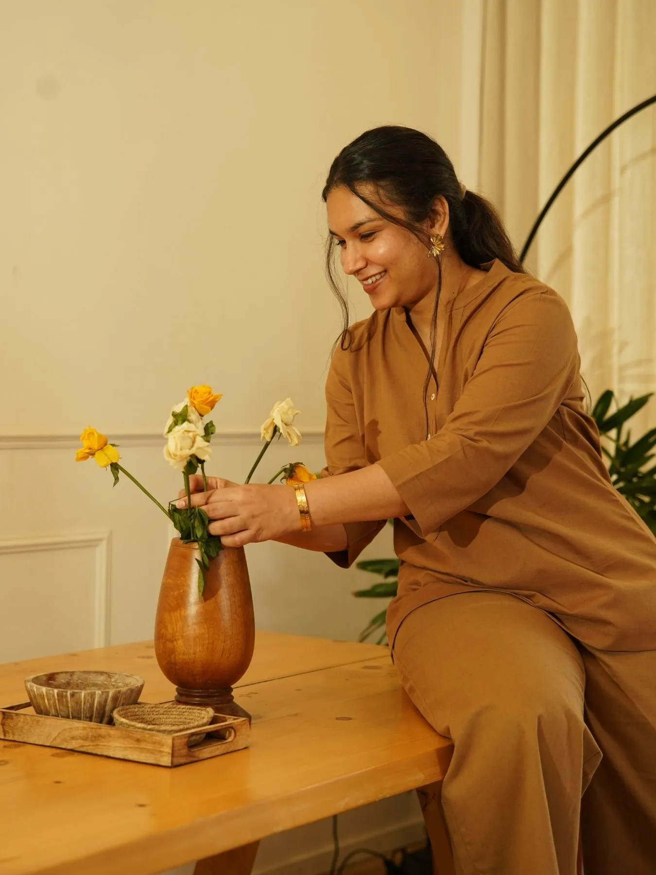 Coffee Brown Airy Linen Short Kurta Co-ord Set - Image 4