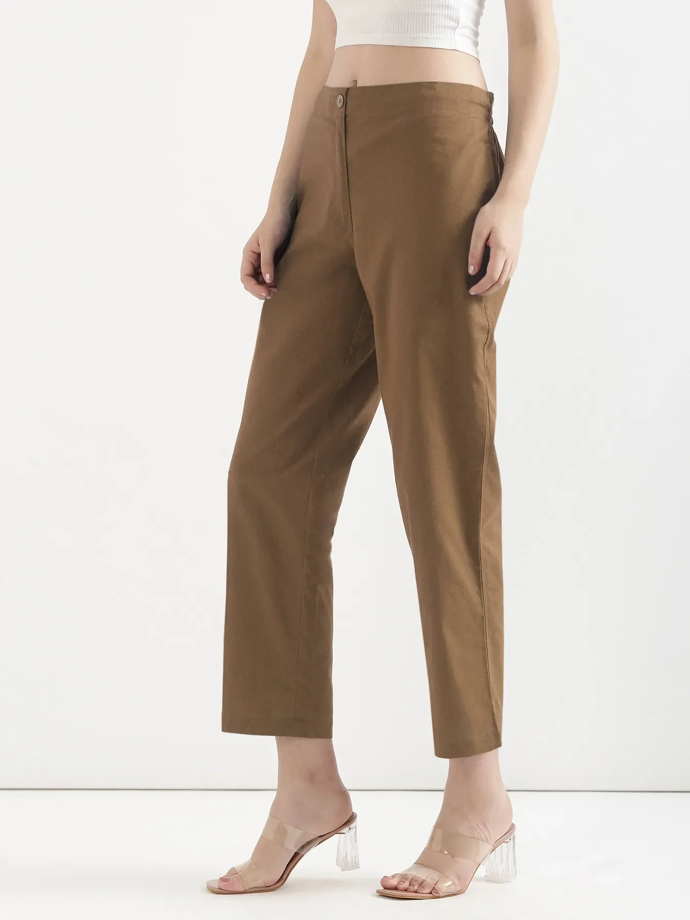 Women Coffee Brown Airy Linen Straight Pants - Image 2