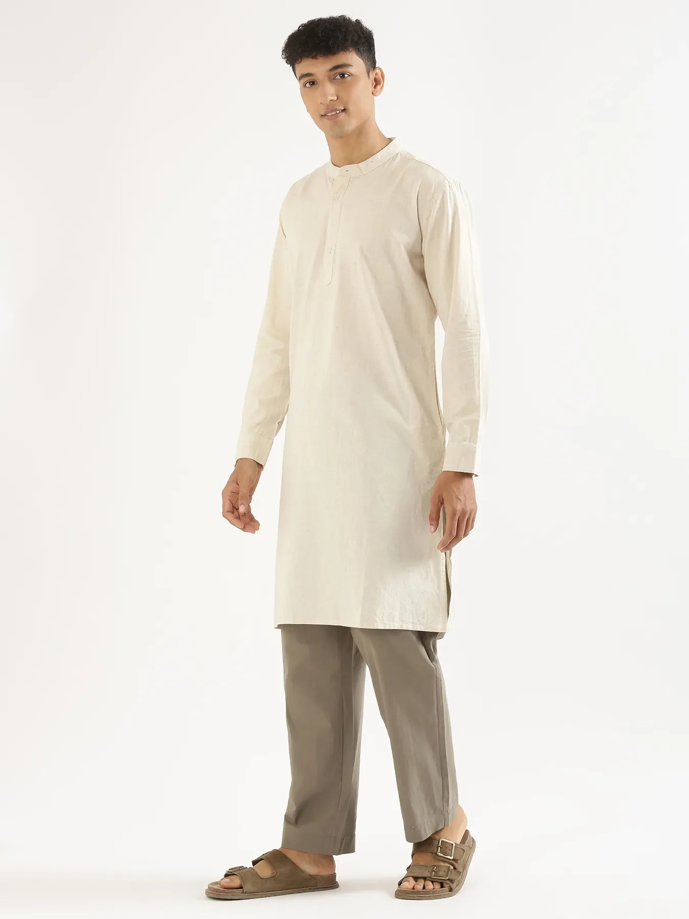 Men Ecru Airy Linen Long Kurta - Image 2