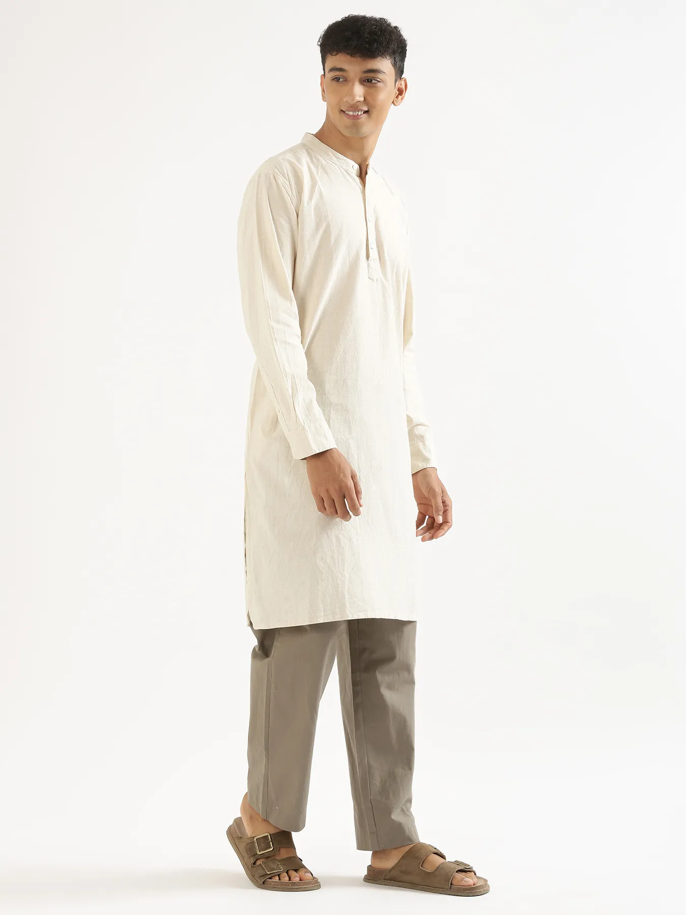 Men Ecru Airy Linen Long Kurta - Image 3