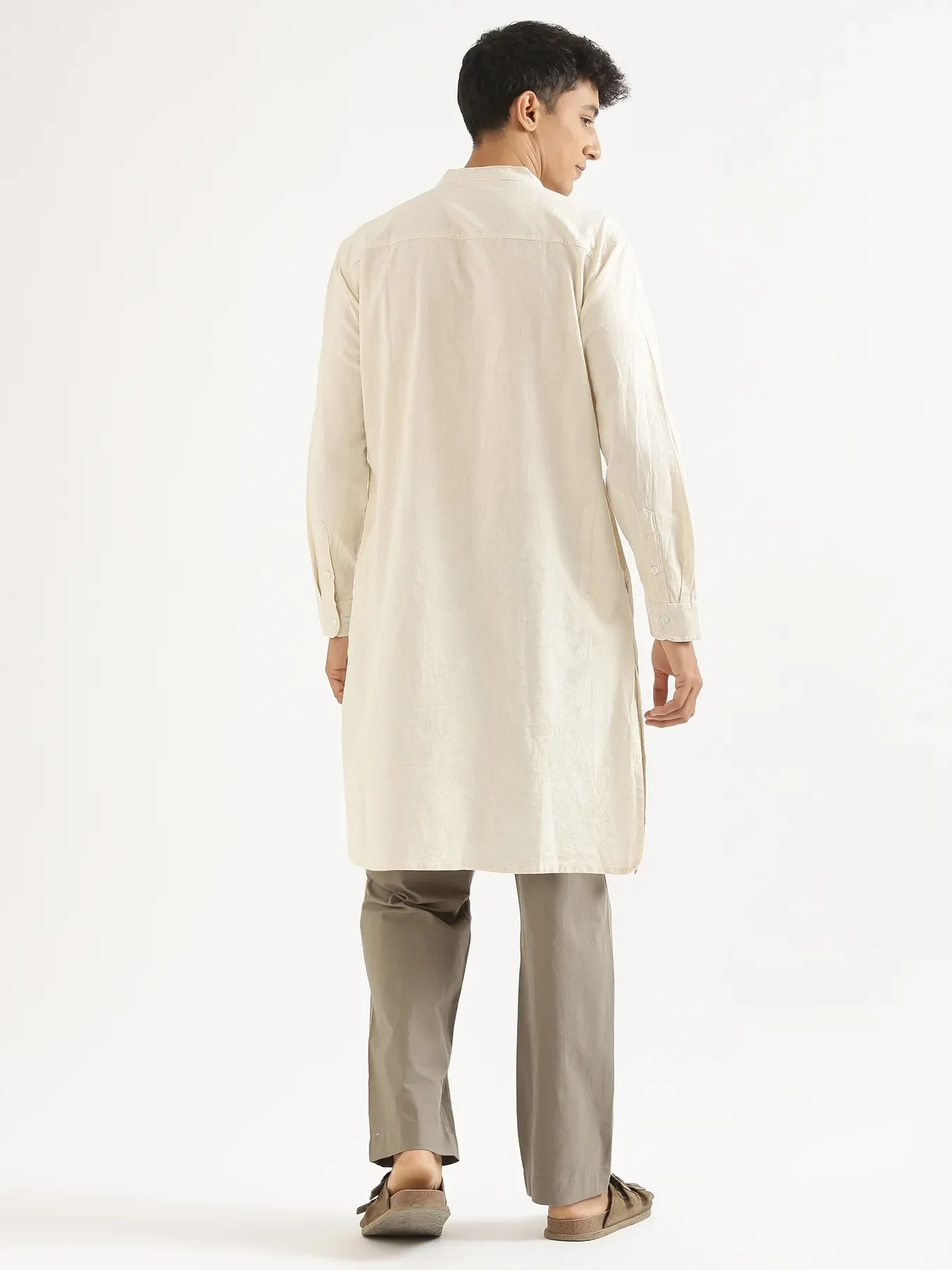 Men Ecru Airy Linen Long Kurta - Image 7