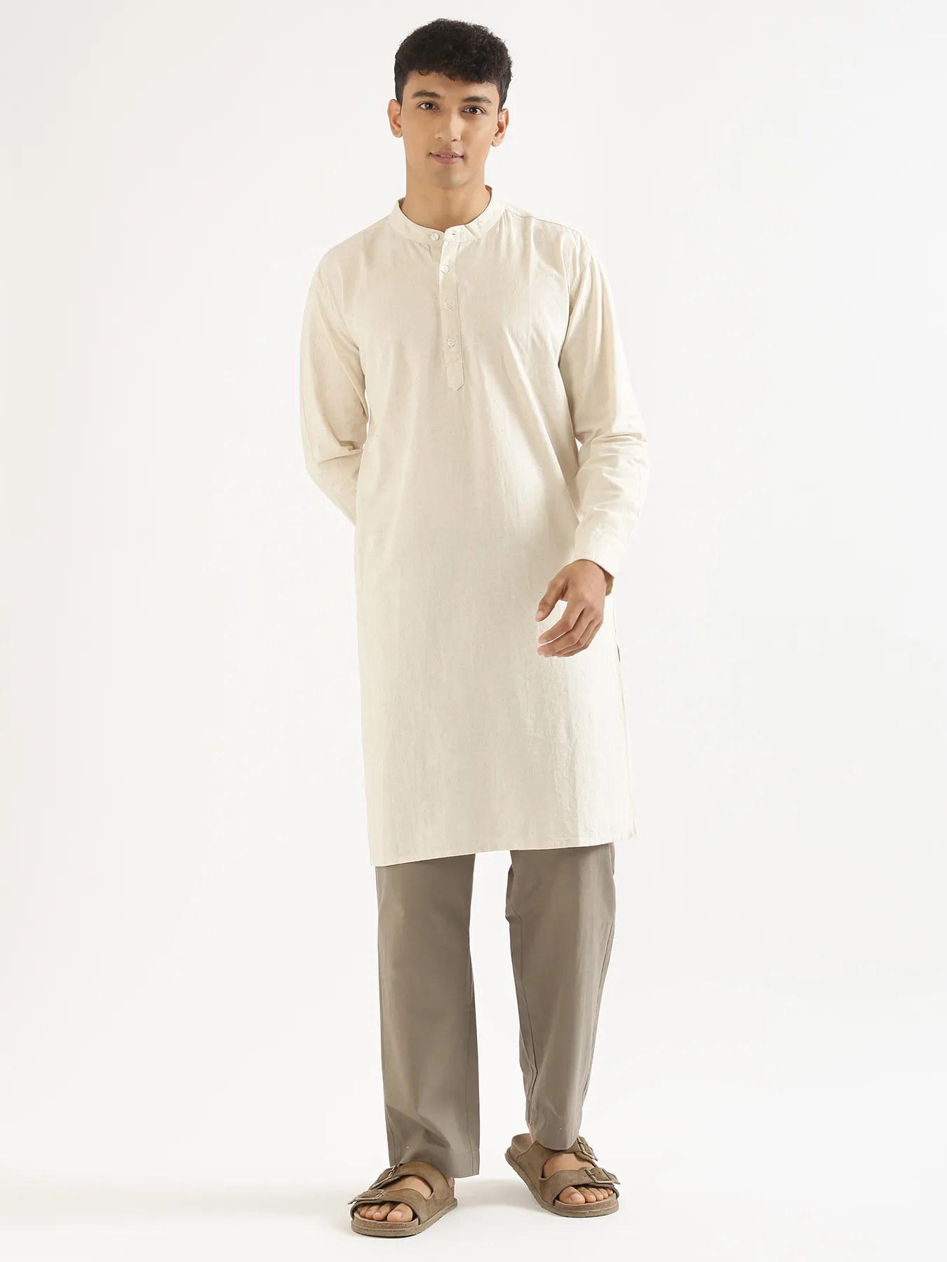 Men Ecru Airy Linen Long Kurta - Image 8