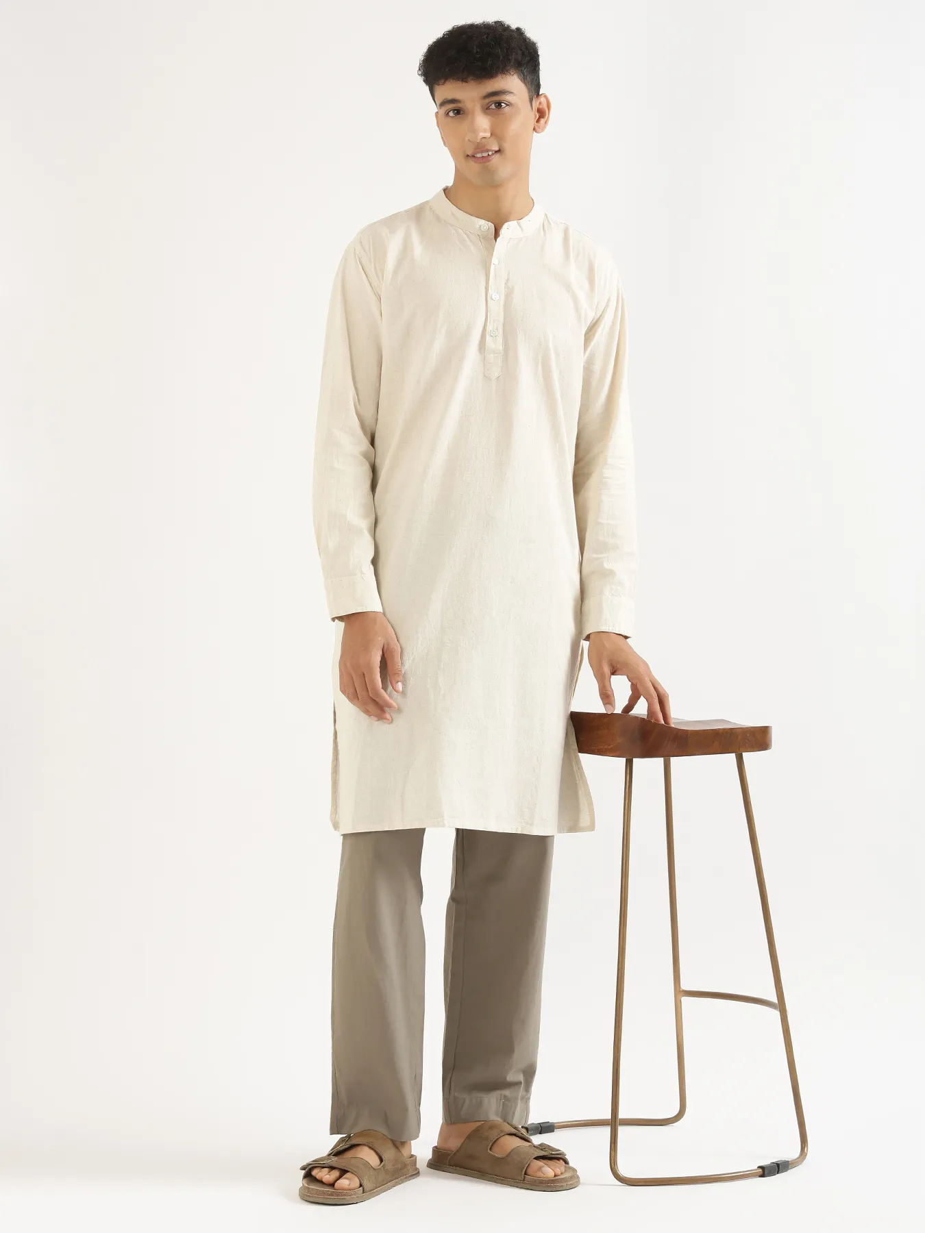 Men Ecru Airy Linen Long Kurta - Image 9