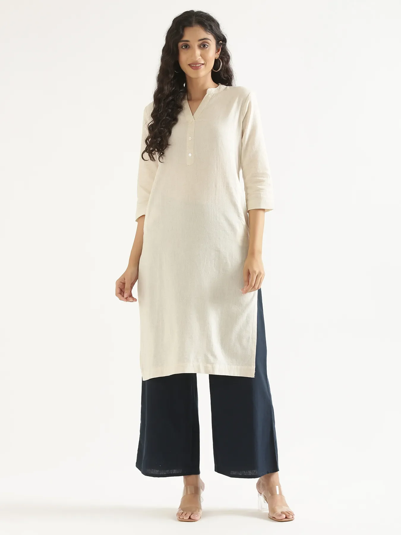 Women Ecru Airy Linen Long Kurta - Image 11