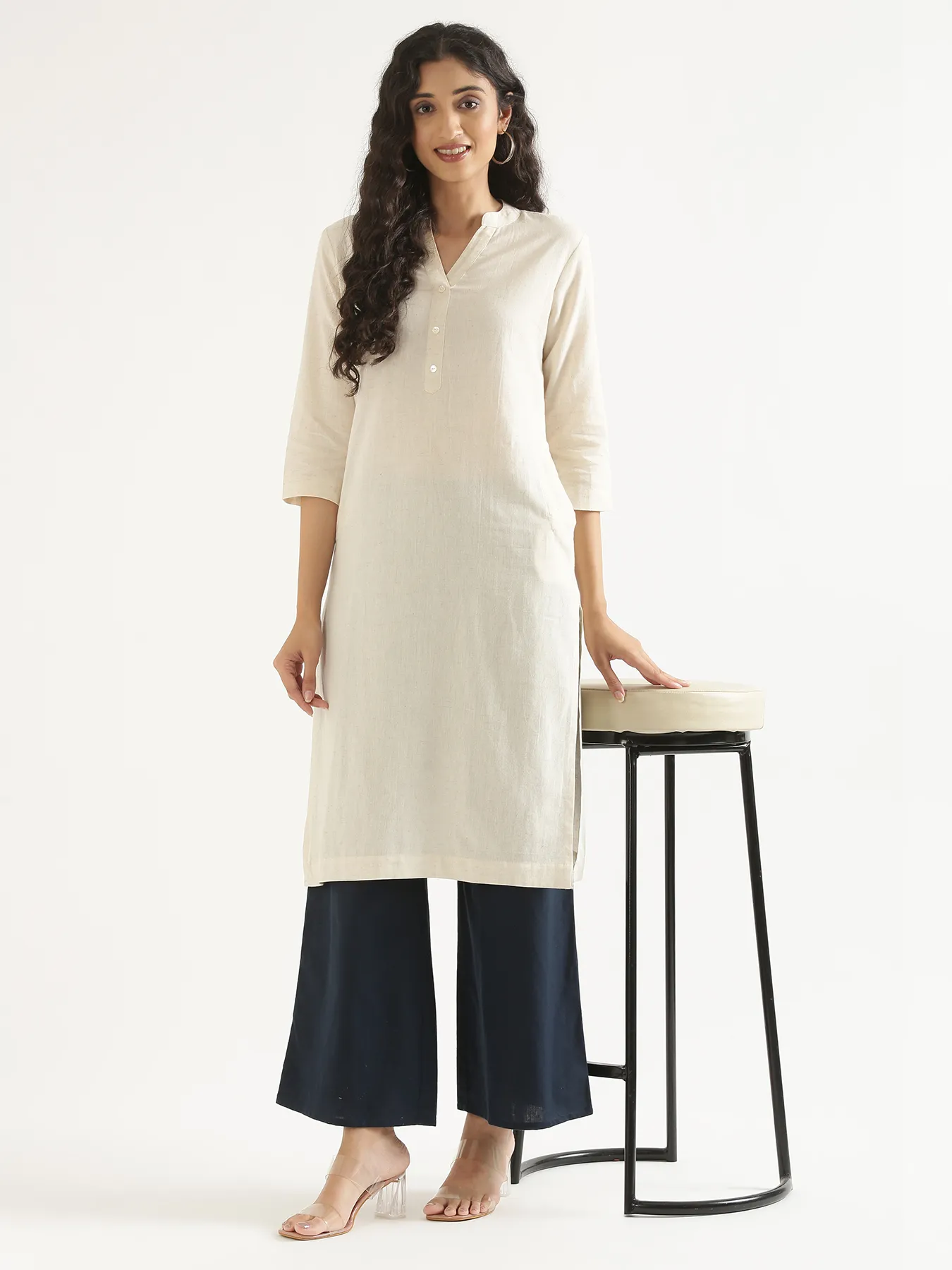 Women Ecru Airy Linen Long Kurta - Image 12