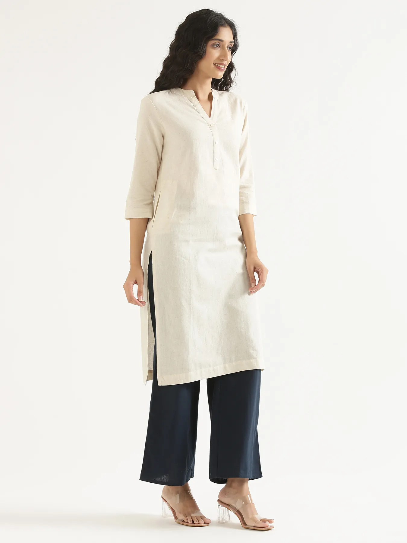 Women Ecru Airy Linen Long Kurta - Image 9
