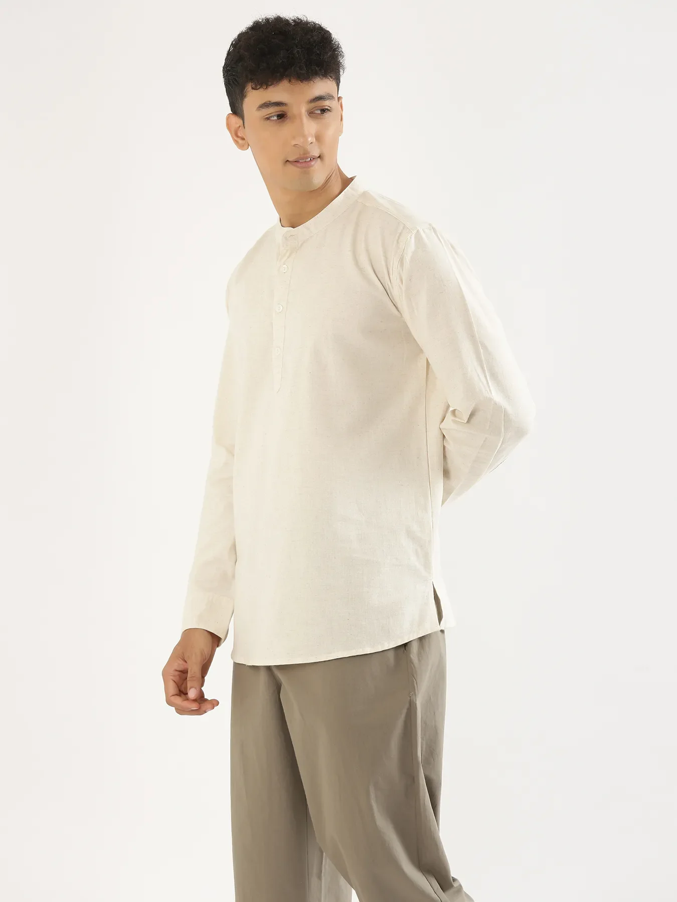 Men Ecru Airy Linen Short Kurta - Image 6