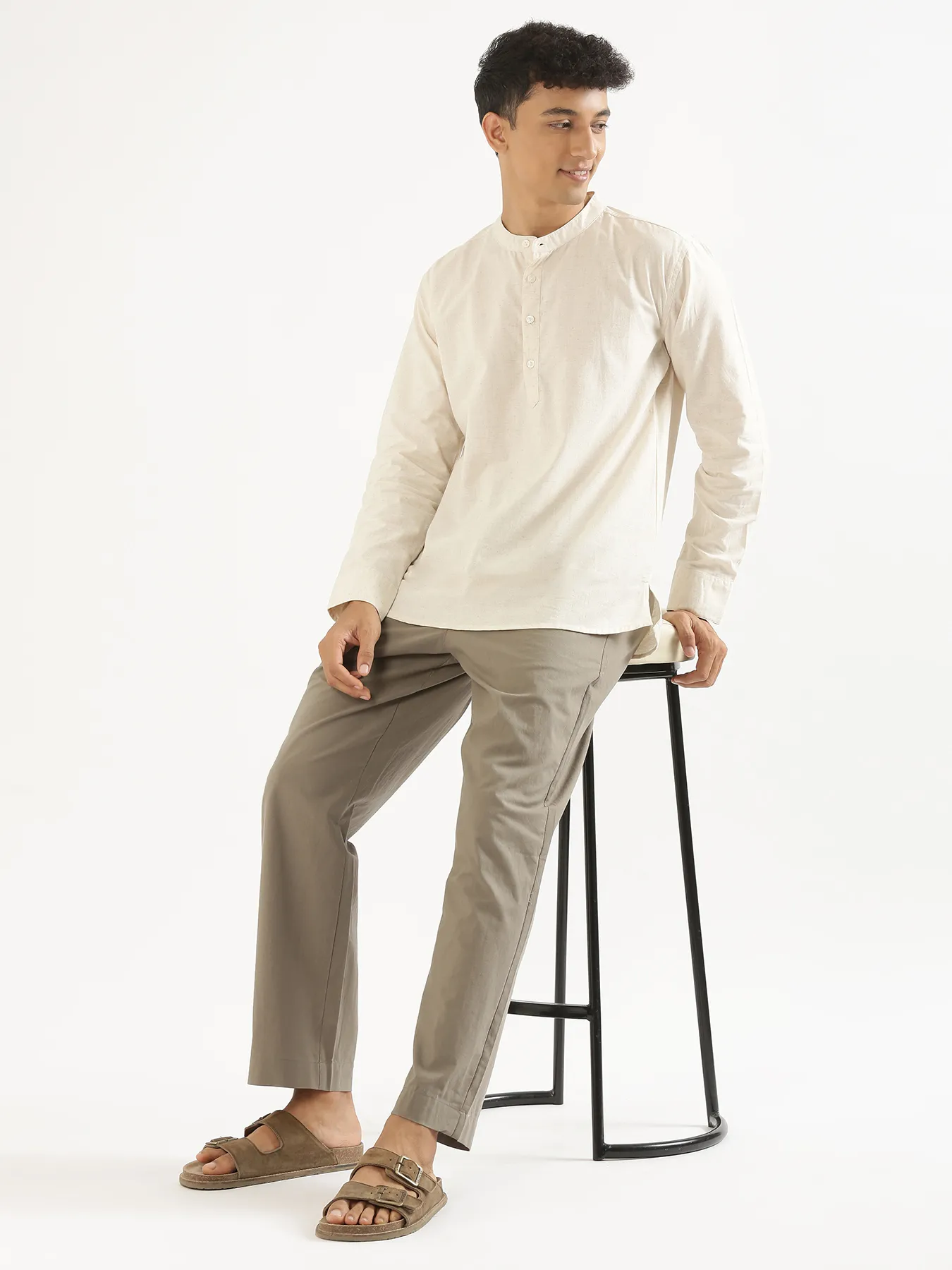 Men Ecru Airy Linen Short Kurta - Image 9