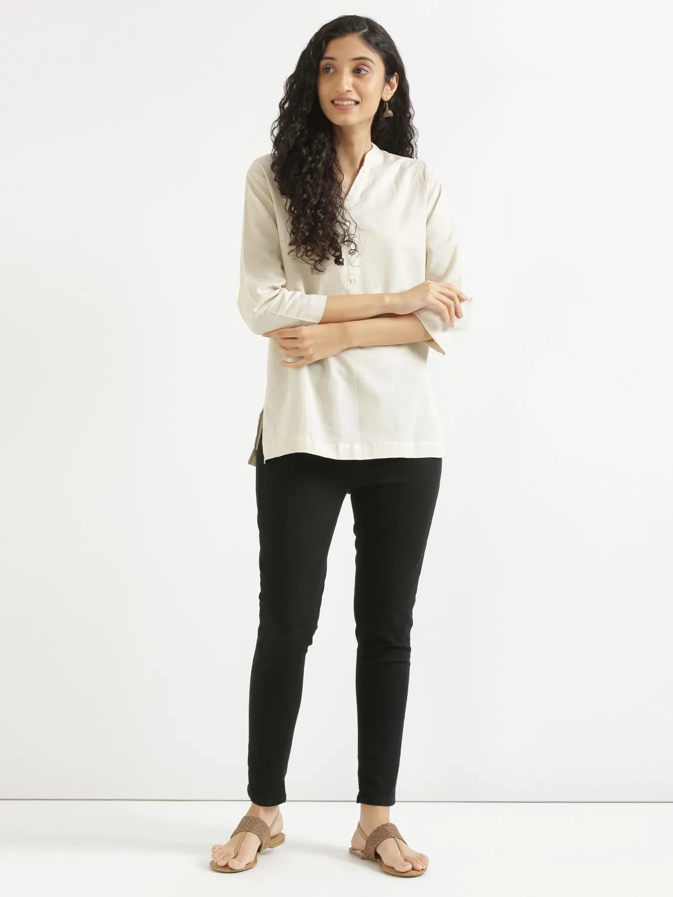 Women Ecru Airy Linen Short Kurta - Image 10