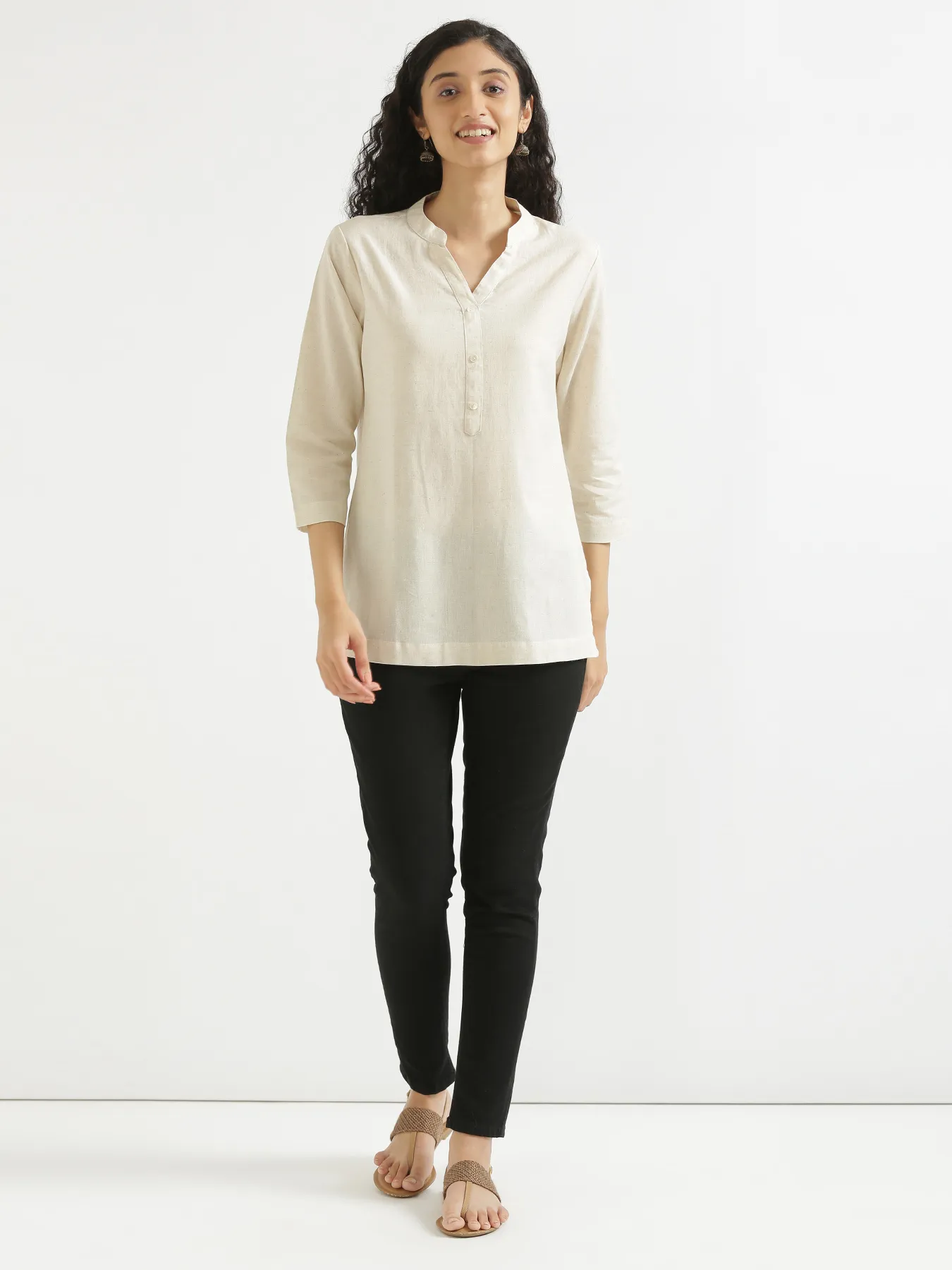 Women Ecru Airy Linen Short Kurta - Image 9